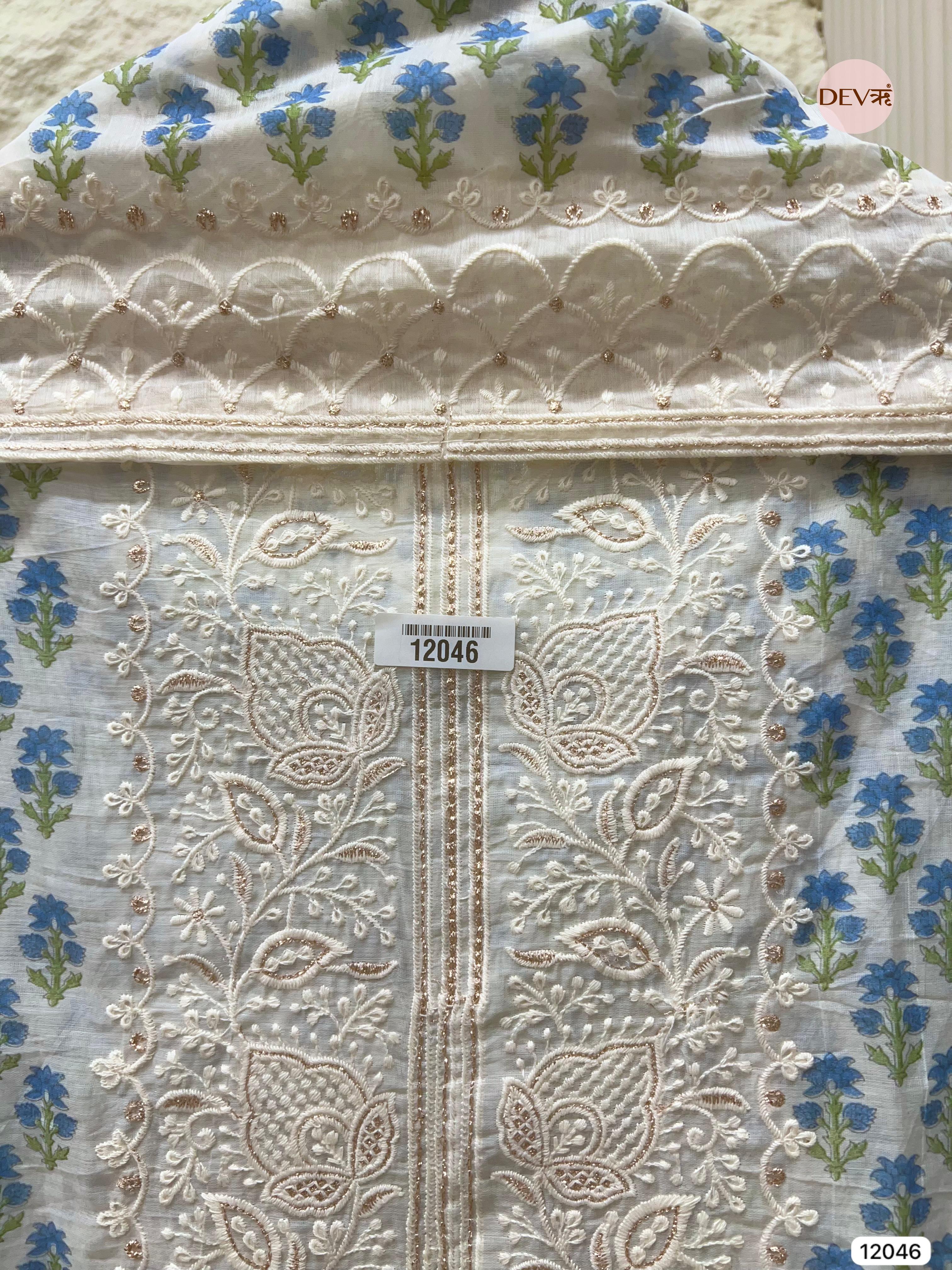 White & Blue Mul Chanderi Unstitched Block Printed Lucknawi Embroidered -Set Of 3 - {12046}