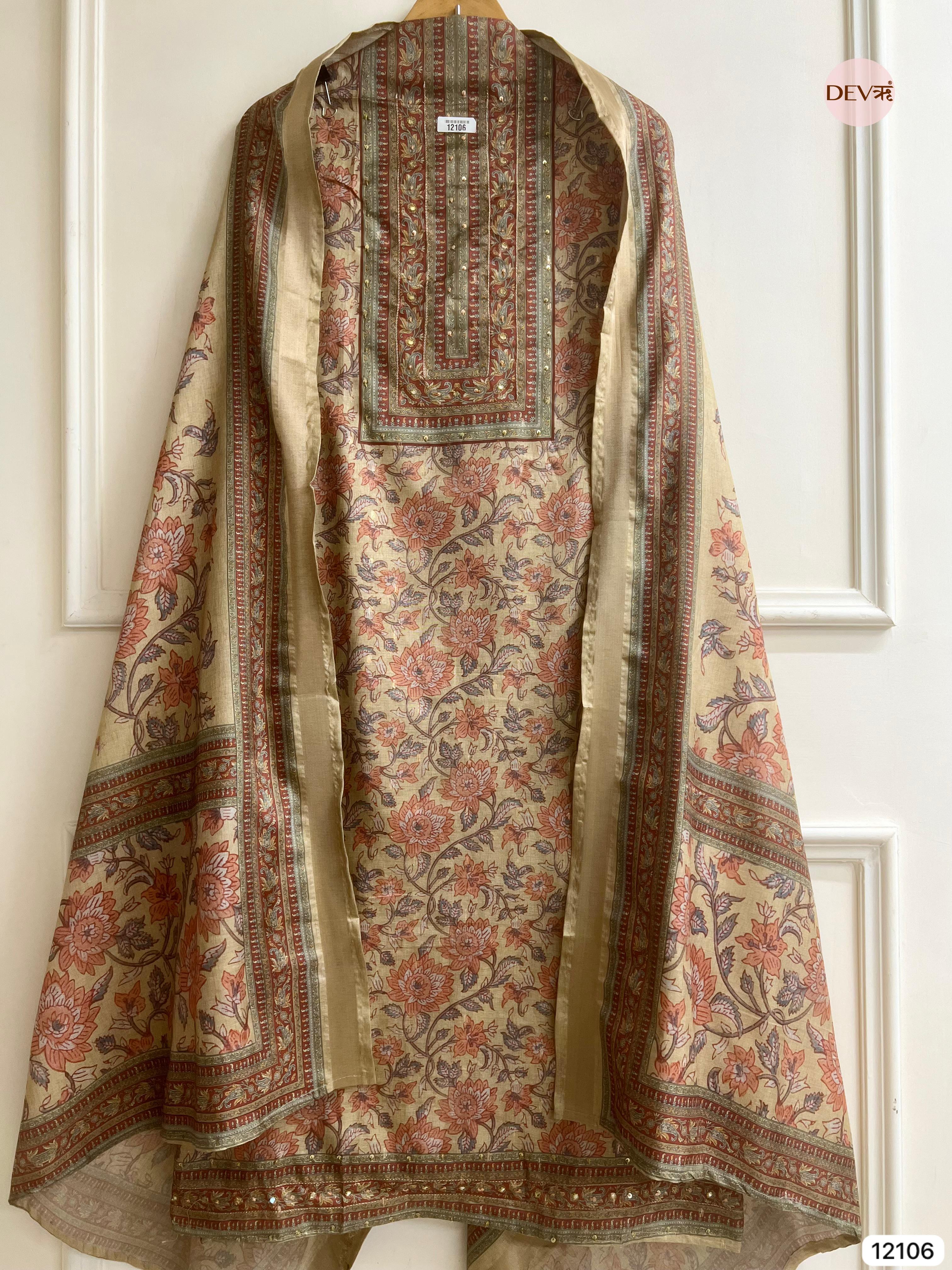 Multi Colour Tisser Khadi Silk Printed Unstitched Hand Embroidered -Set Of 3 - {12106}