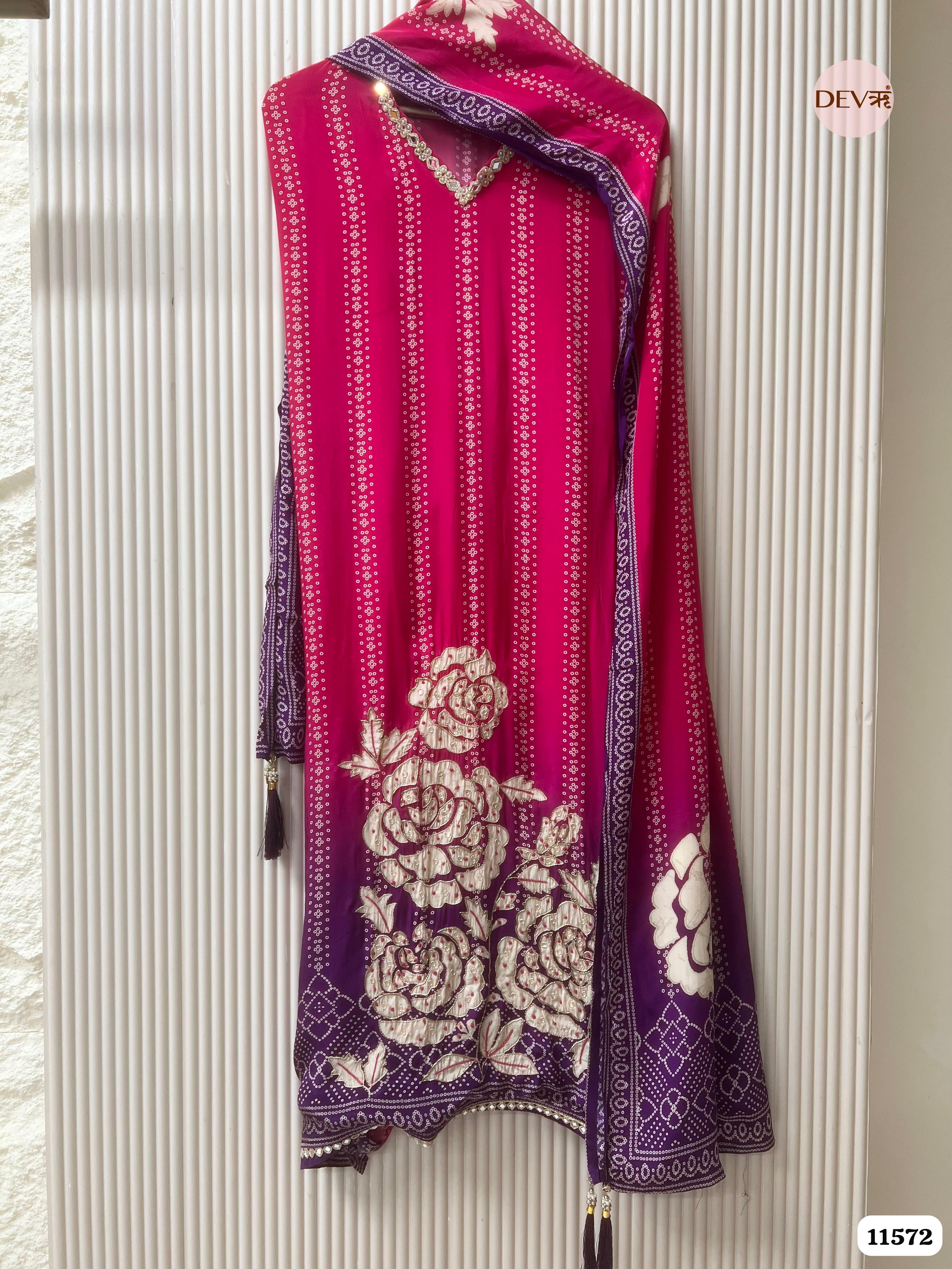 Pink Pure Russian Silk Printed Hand Embroidered -Set Of 3 {11572}