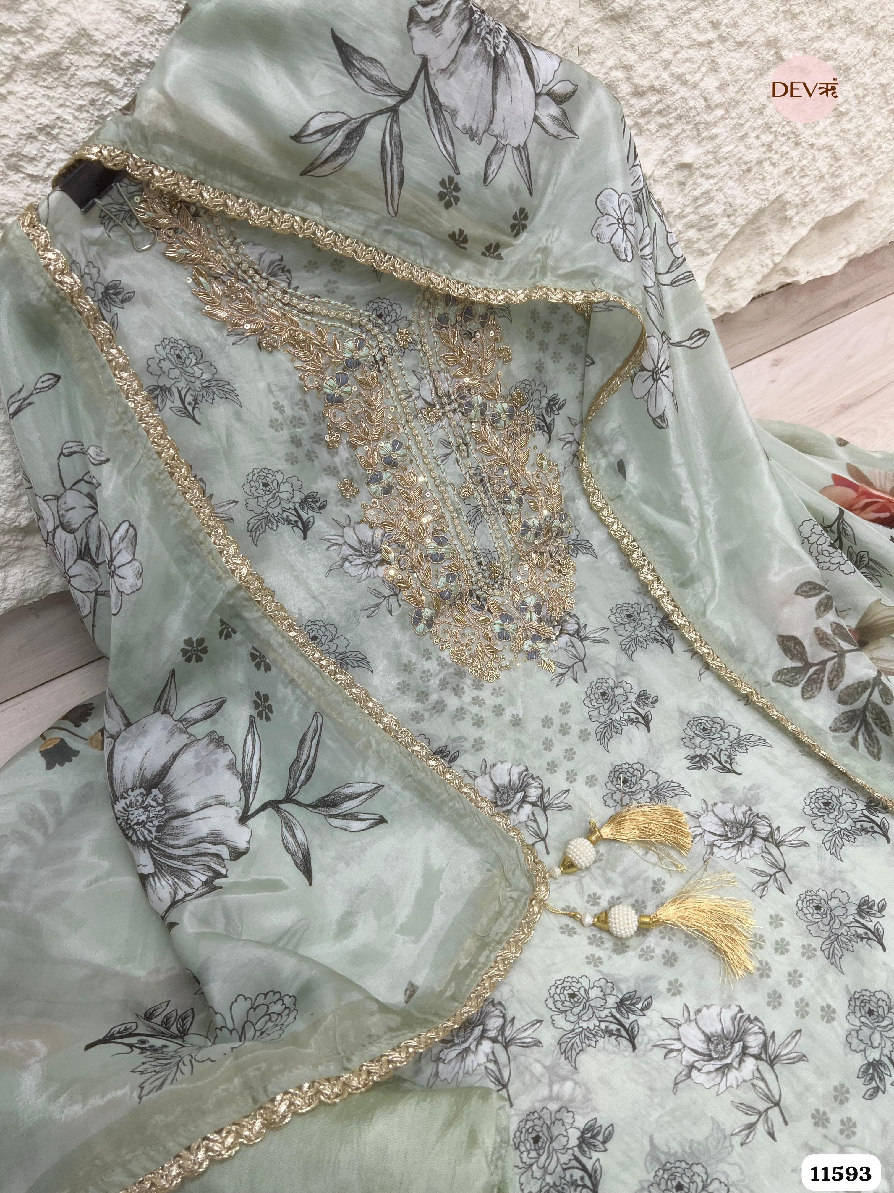 Mint Green Pure Organza Silk Unstitched Printed Hand Embroidered -Set Of 3 {11593}