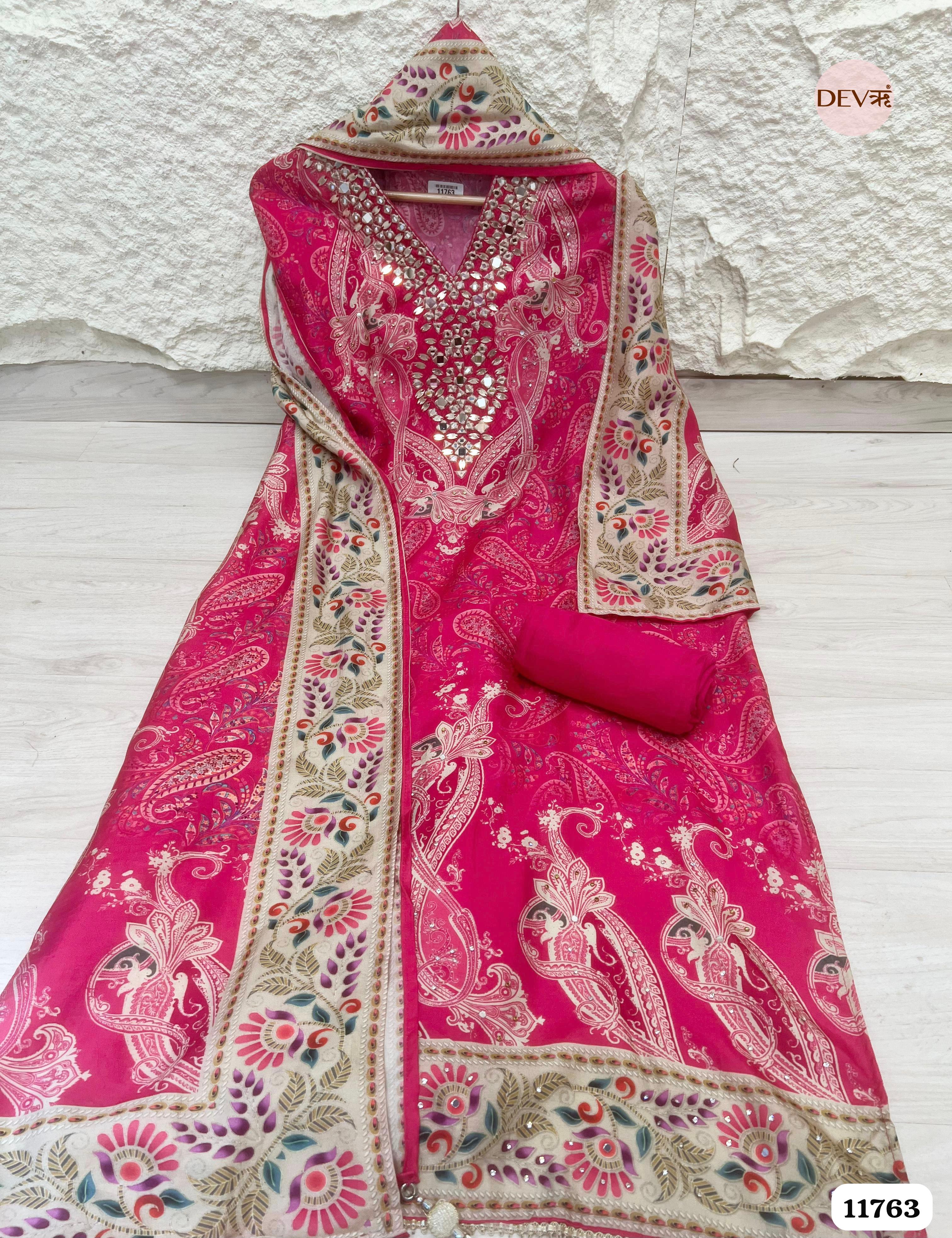 Pink Russian Silk Unstitched Hand Embroidered -Set Of 3 {11763}