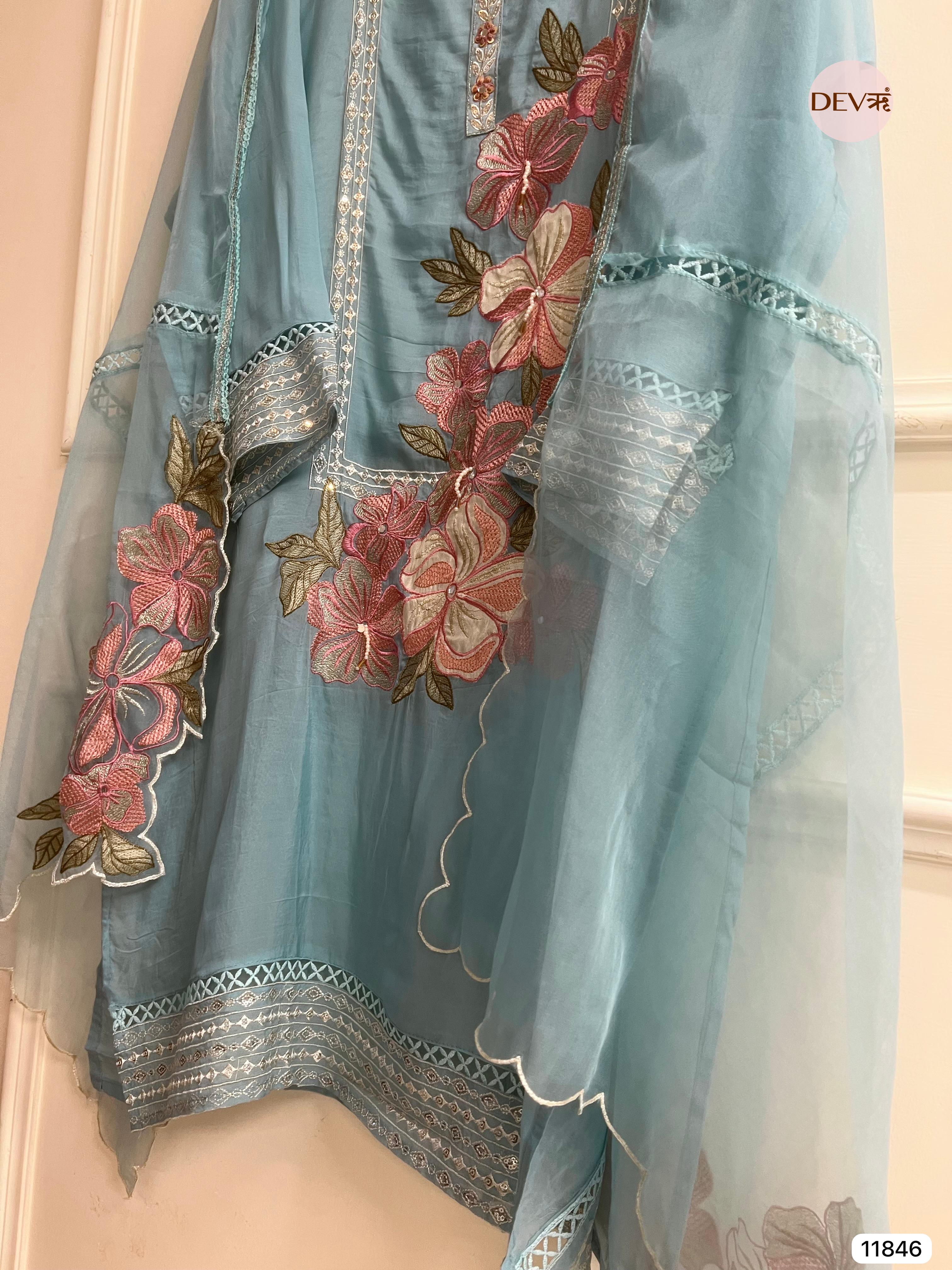 Blue Organza Semi Stitched Embroidered -Set Of 3 - {11846}