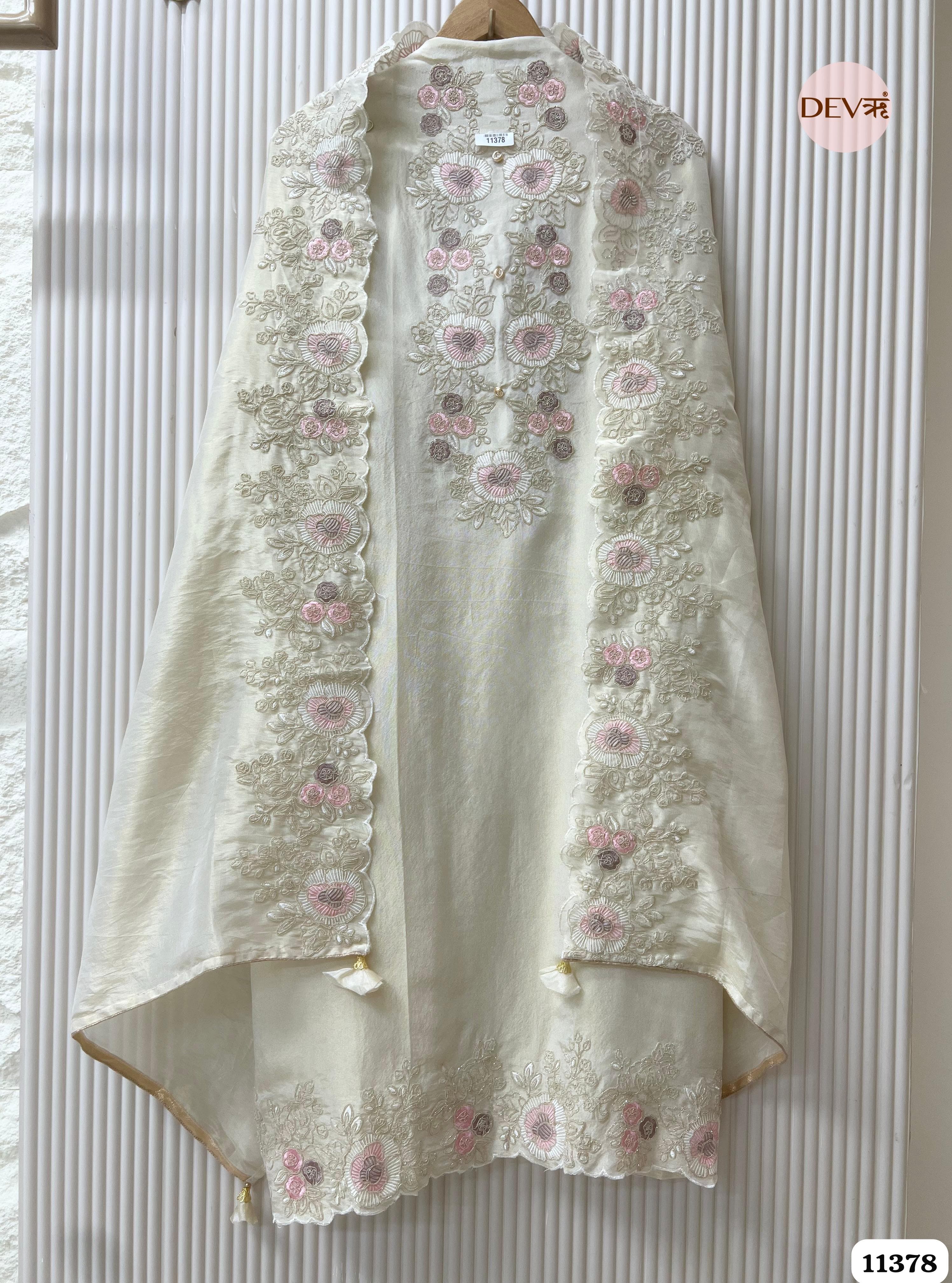 White Tissue Silk Unstitched Embroidered -Set Of 3 {11378}