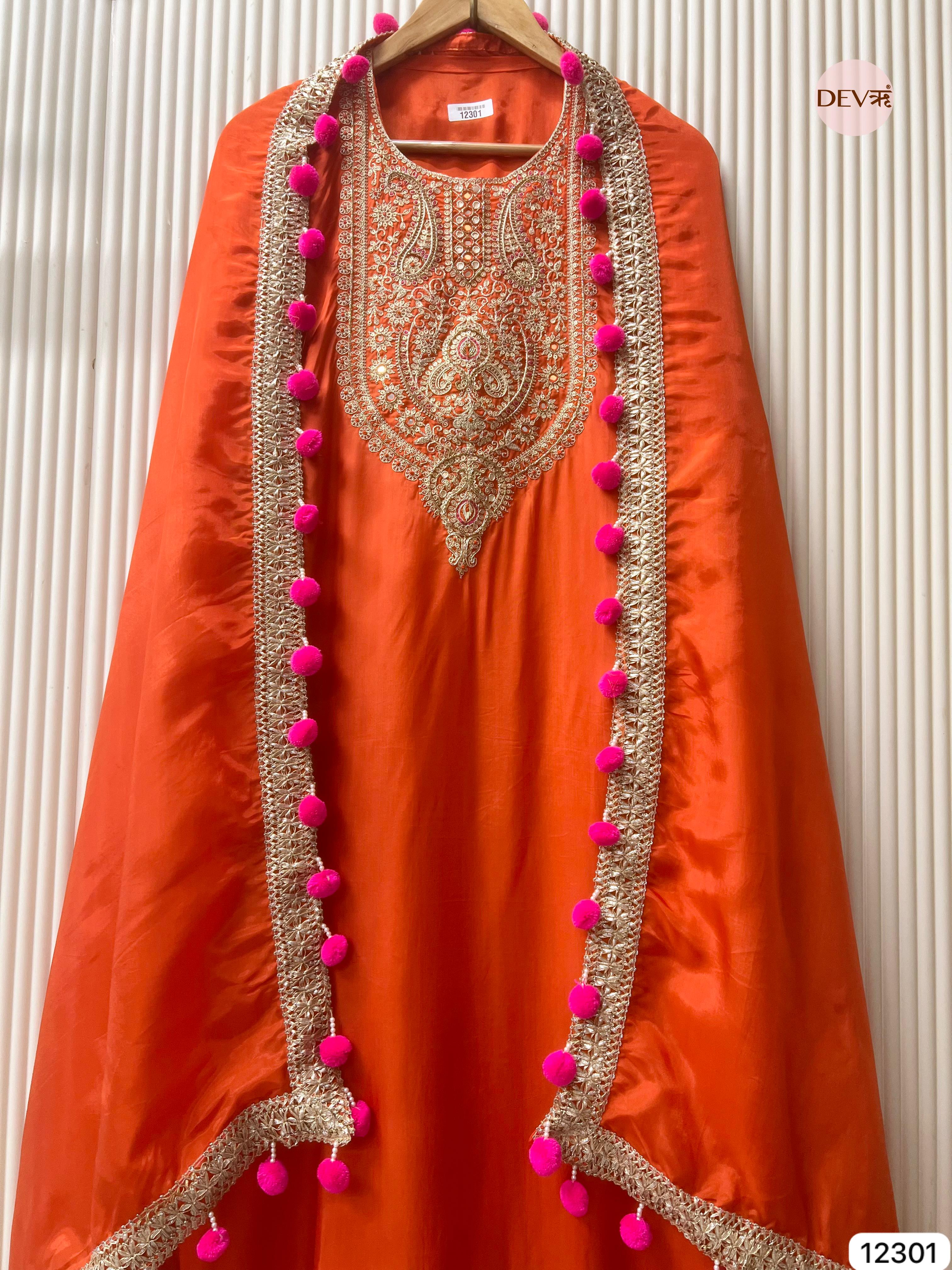 Orange Glass Organza Embroidered Unstitched 3-Piece Suit (Devri – D.No 12301)