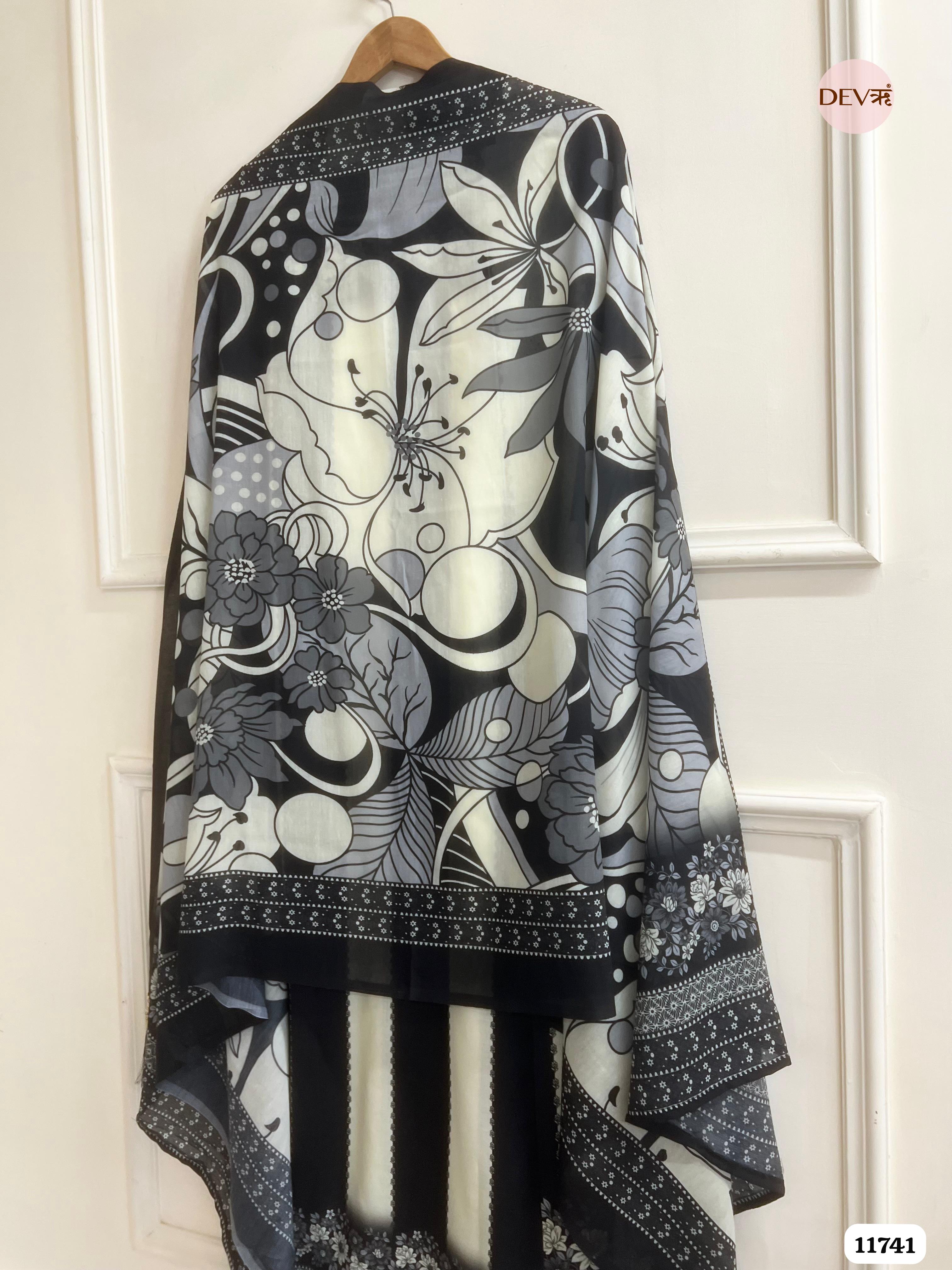 Black And White Cotton Unstitched Embroidered Printed -Set Of 3 {11741}