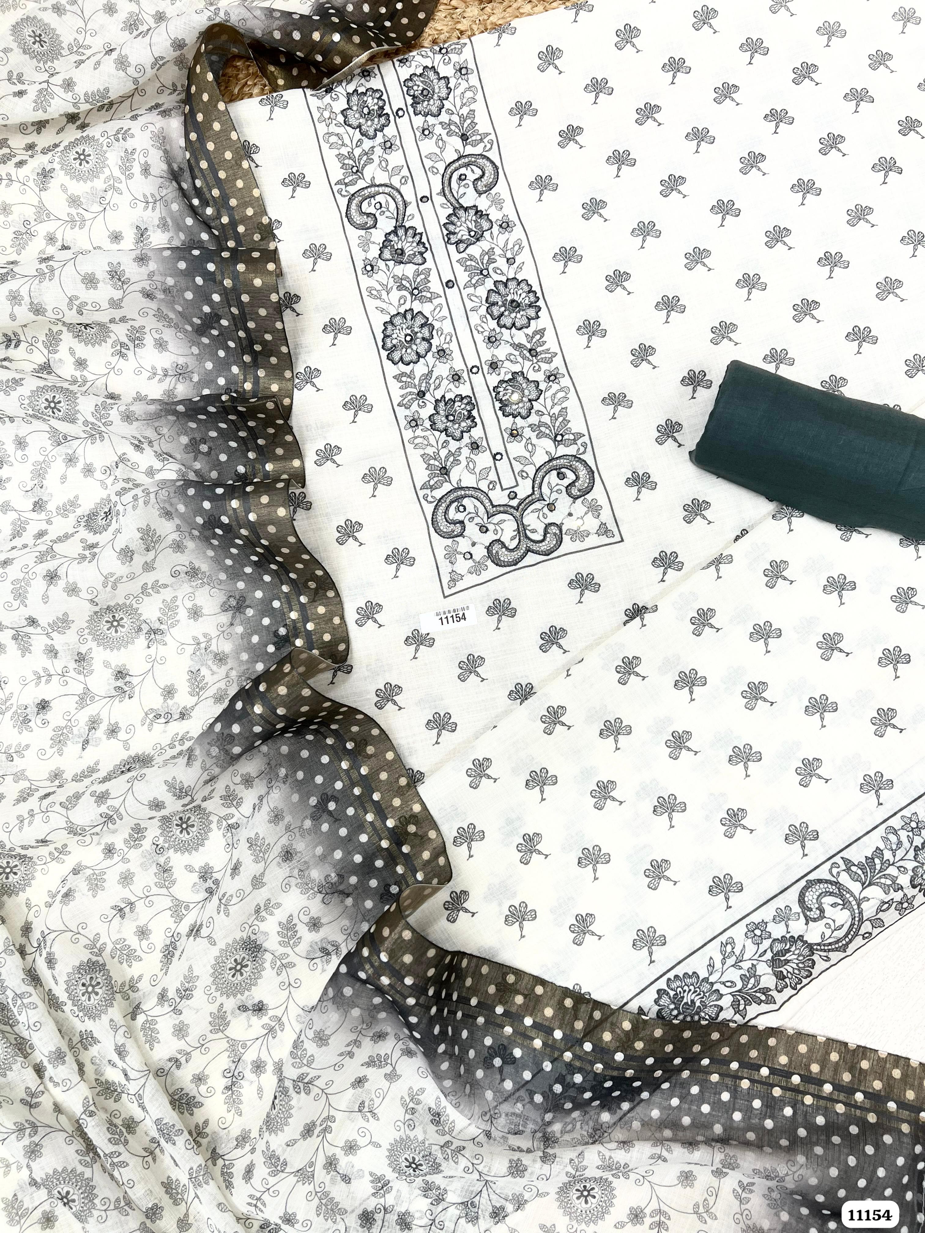 White Linen Cotton Printed Unstitched -Set Of 3 {11154}