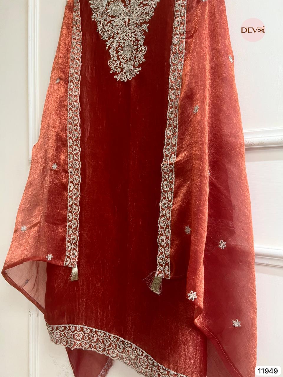 Rust Crush Tissue Embroidered Unstitched 3-Piece Suit (Devri – D.No 11949)