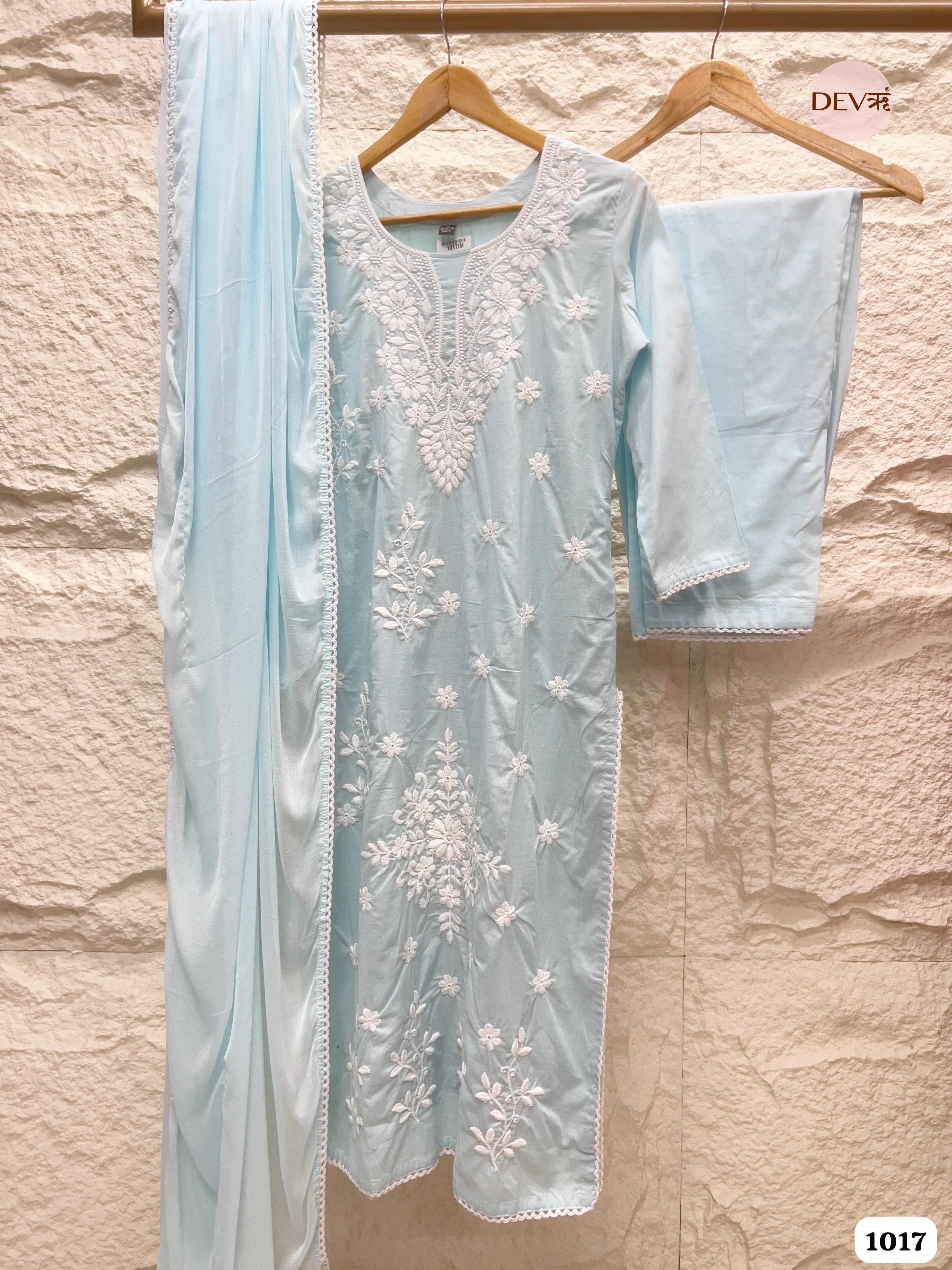 Light Blue Pure Cotton Stiched Embroidered -Set Of 3 {1017}