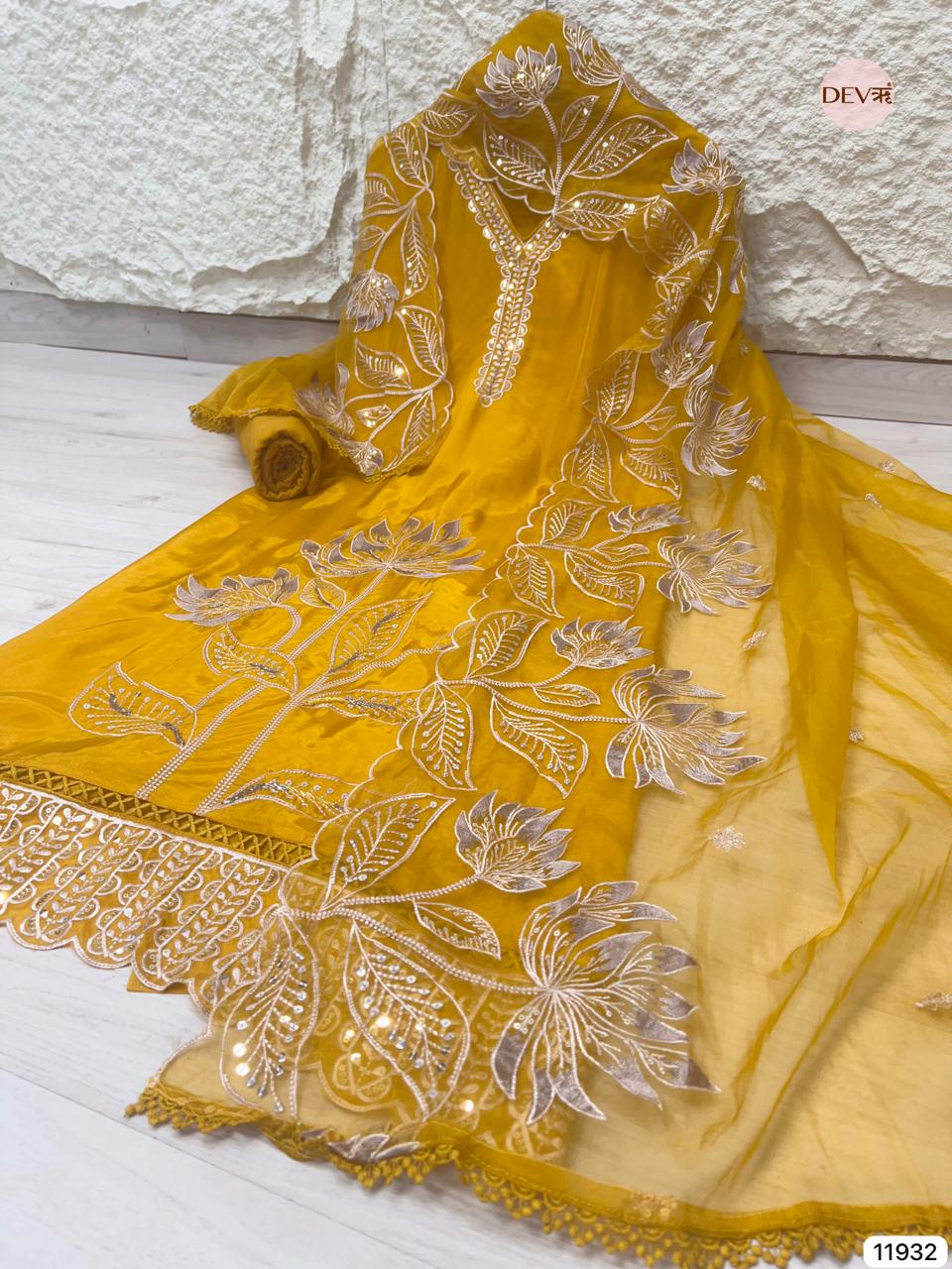 Yellow Glass Tissue Silk Unstitched Embroidered -Set Of 3 - {11932}