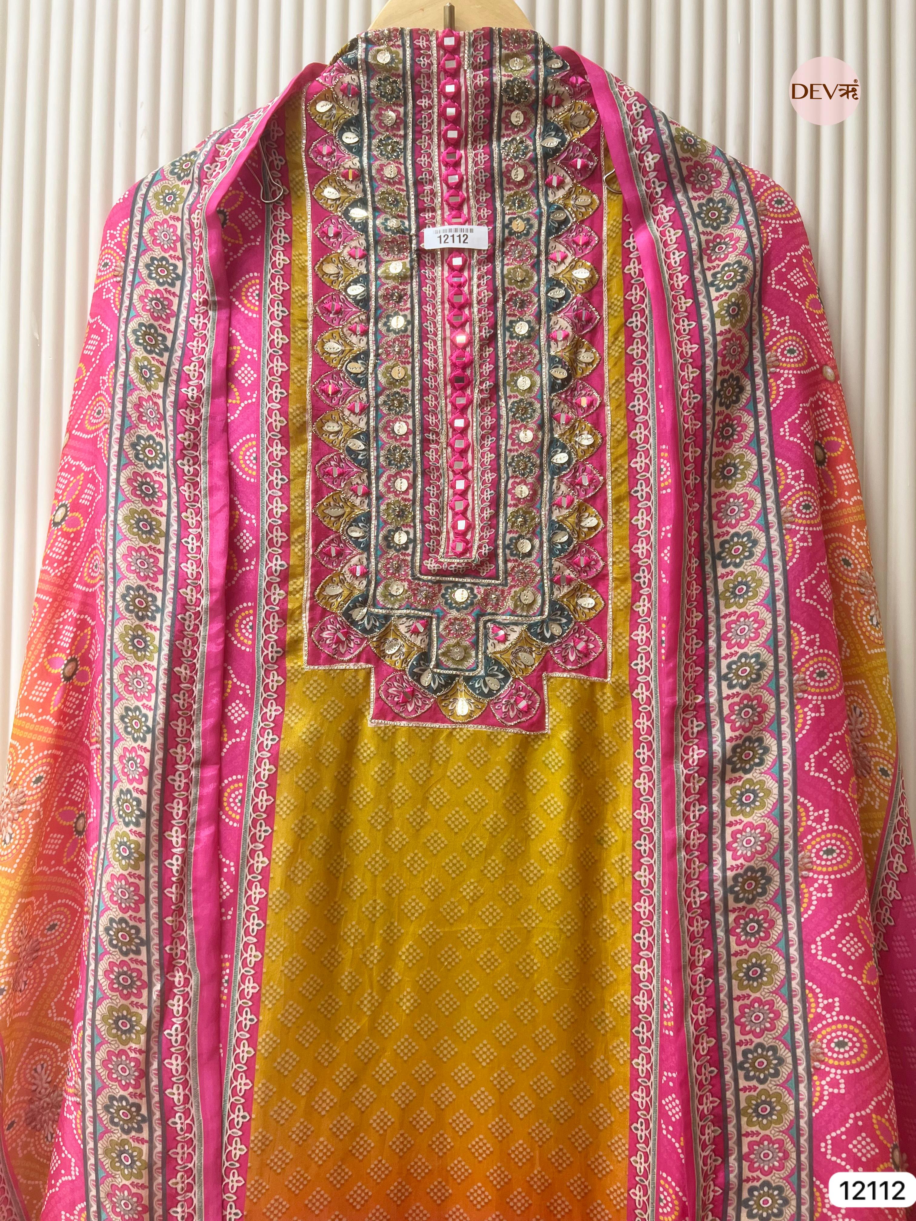 Pink / yellow Pure Organza Silk Unstitched Printed -Set Of 3 - {12112}