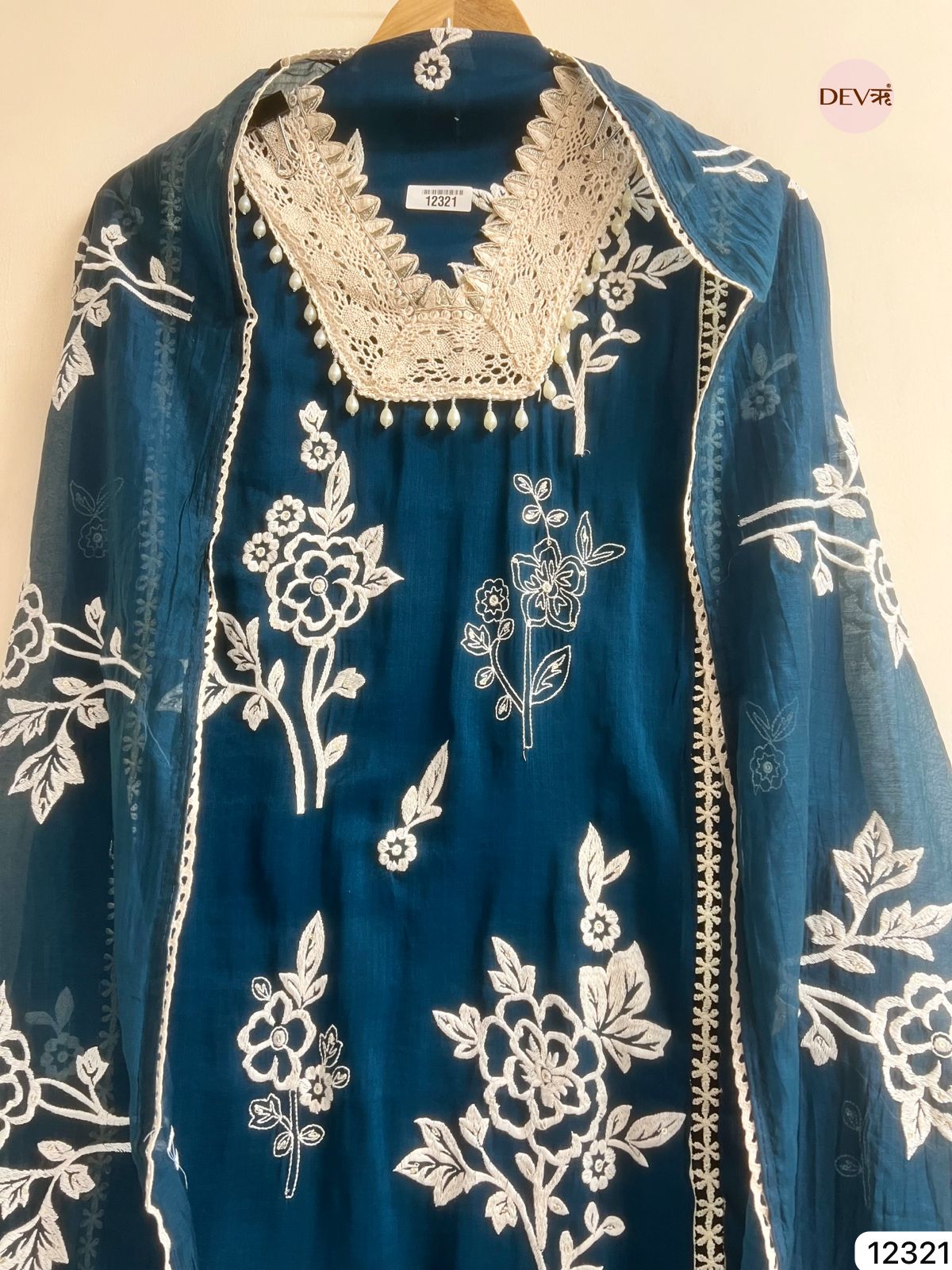 Peacock Blue Mul Chanderi Embroidered Unstitched 3-Piece Suit (Devri – D.No-12321)