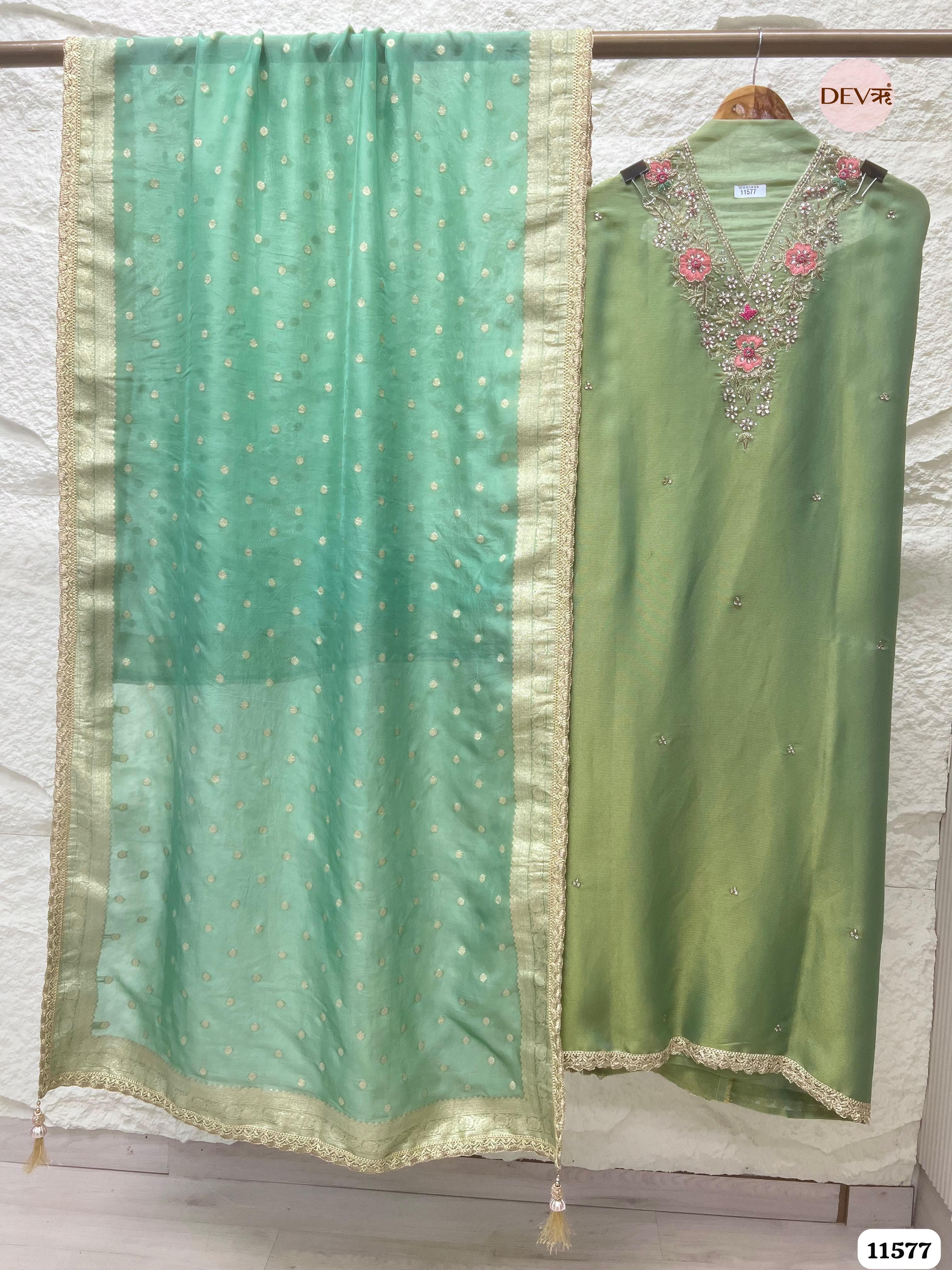 Green Pure Tissue Silk Unstitched Hand Embroidered -Set Of 3 {11577}