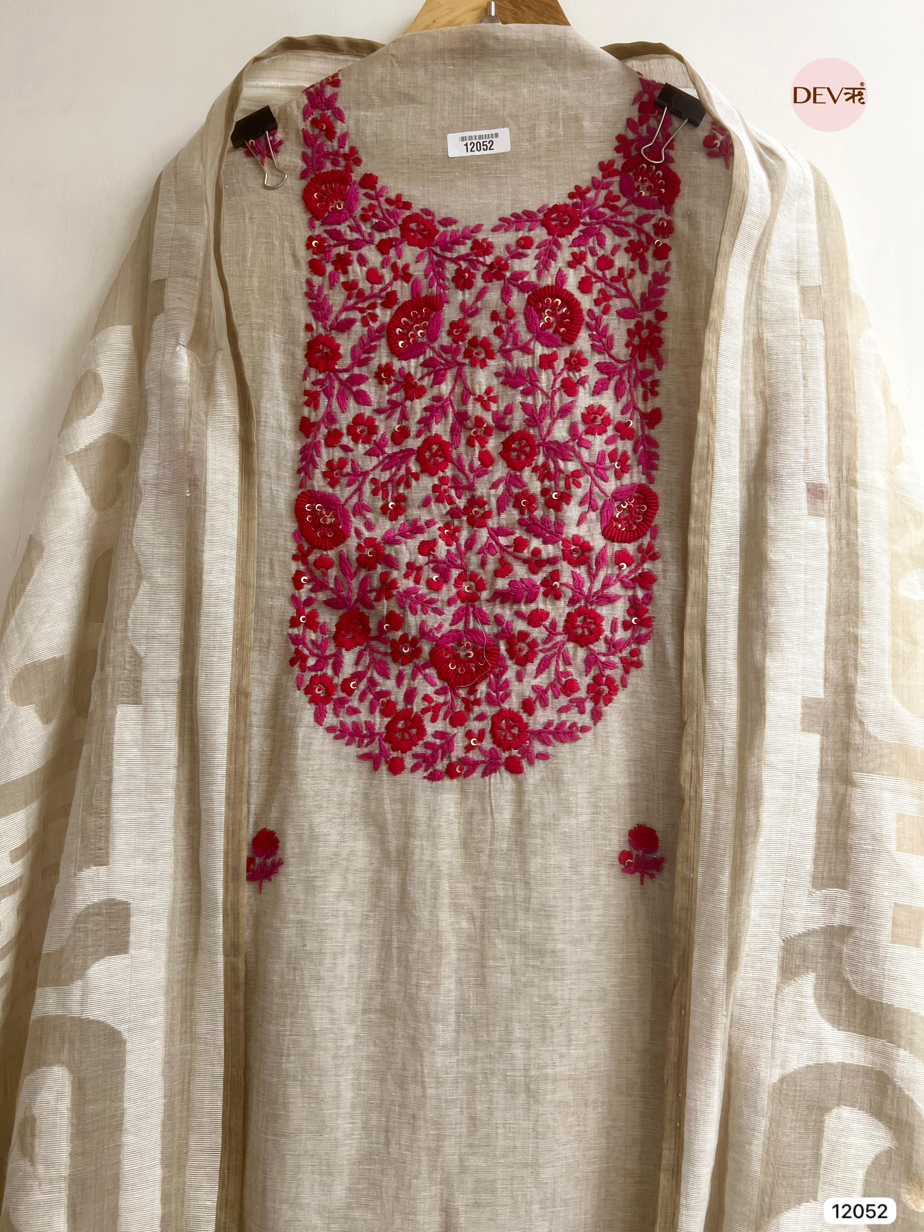 Cream Colour Pure Khadi Silk Unstitched Embroidered -Set Of 3- {12052}