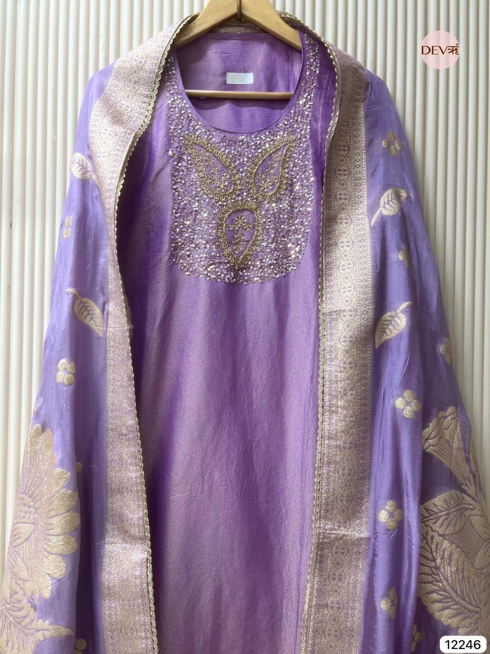 Lavender Tissue Shimmer Silk Embroidered Unstitched 3-Piece Suit (Devri – D.No 12246)