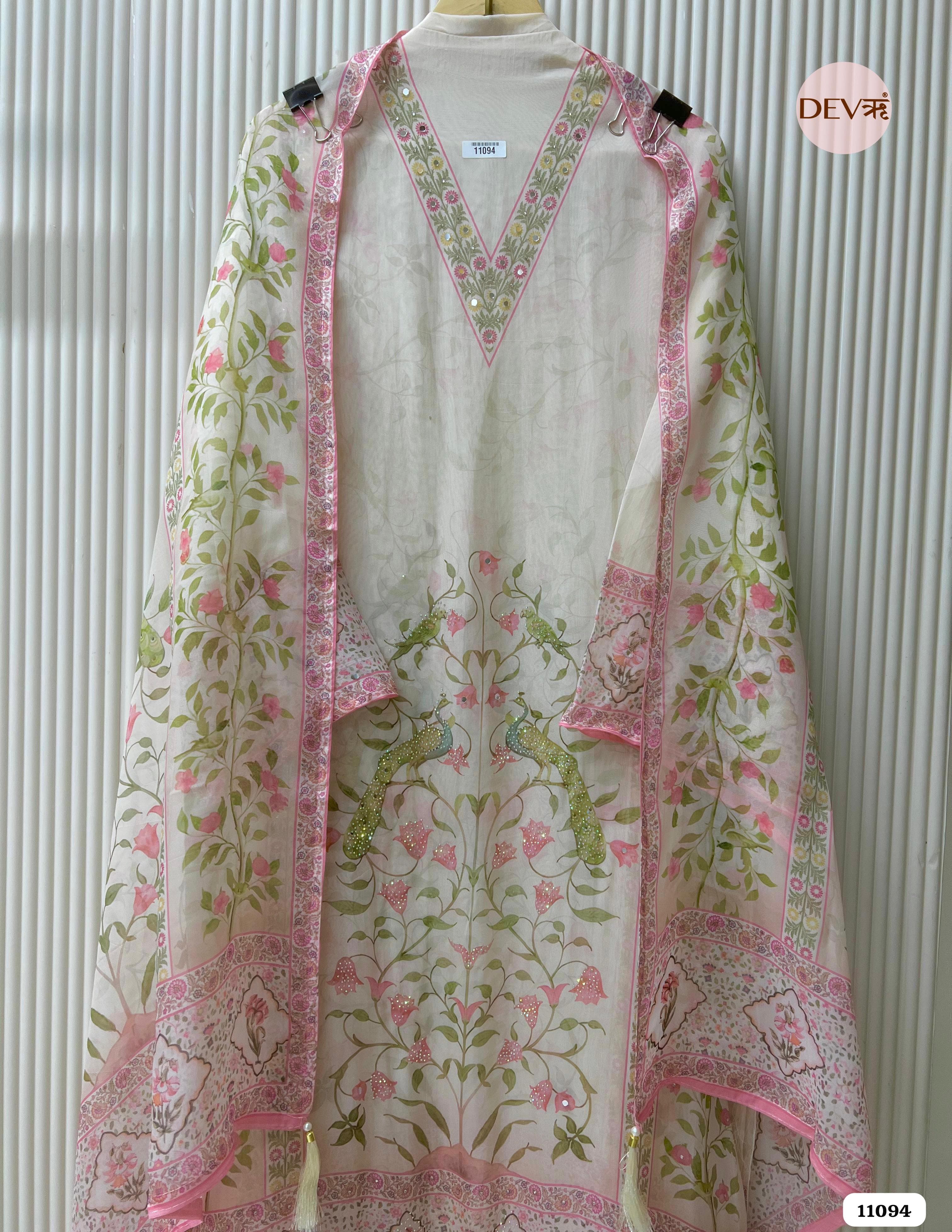 White Organza Printed Semi Stitched Hand Embroidered -Set Of 3 {11094}