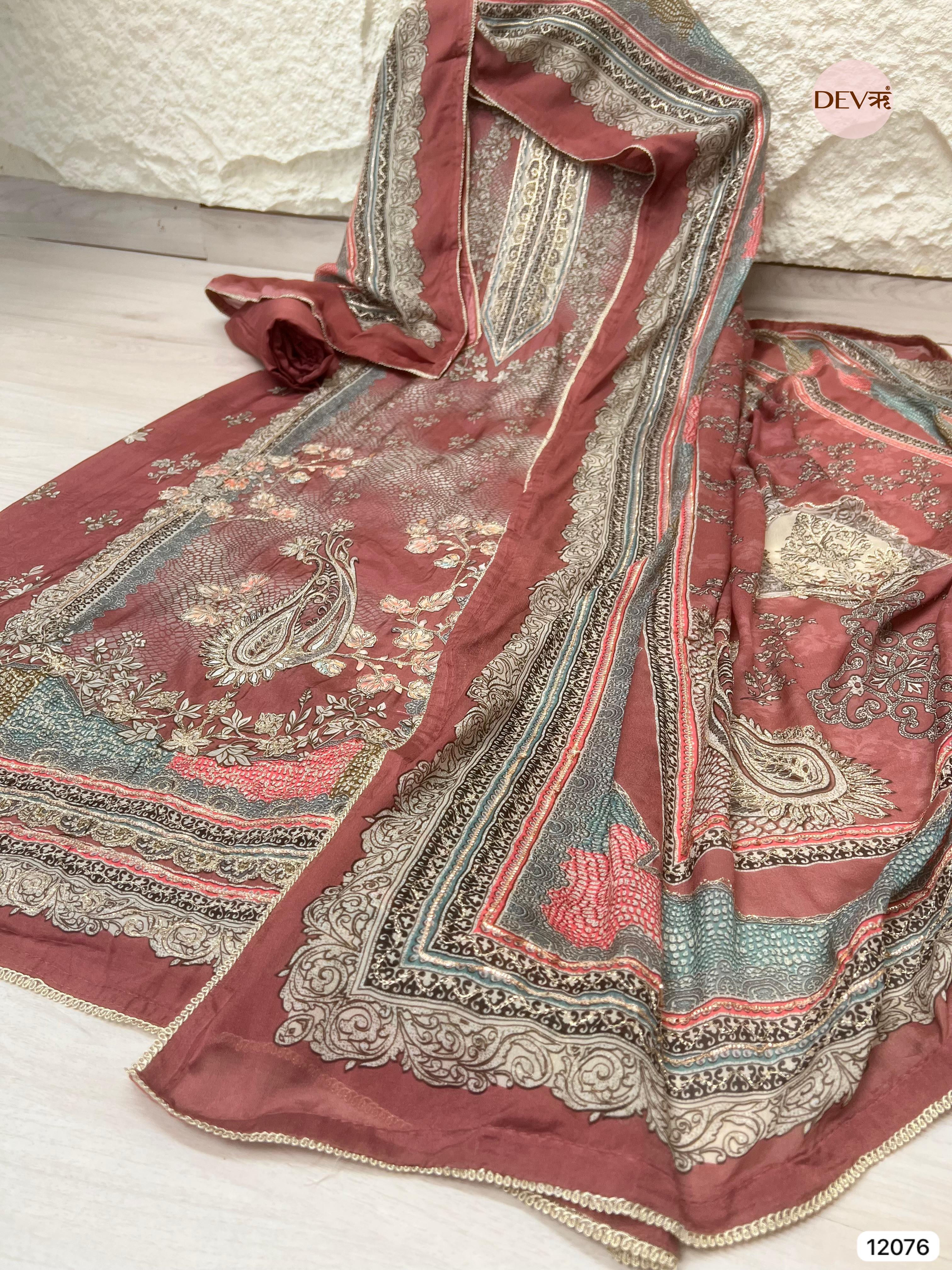 Maroon Pure Muslin Unstitched Printed With Hand Zardosi Embroidery -Set Of 3- {12076}