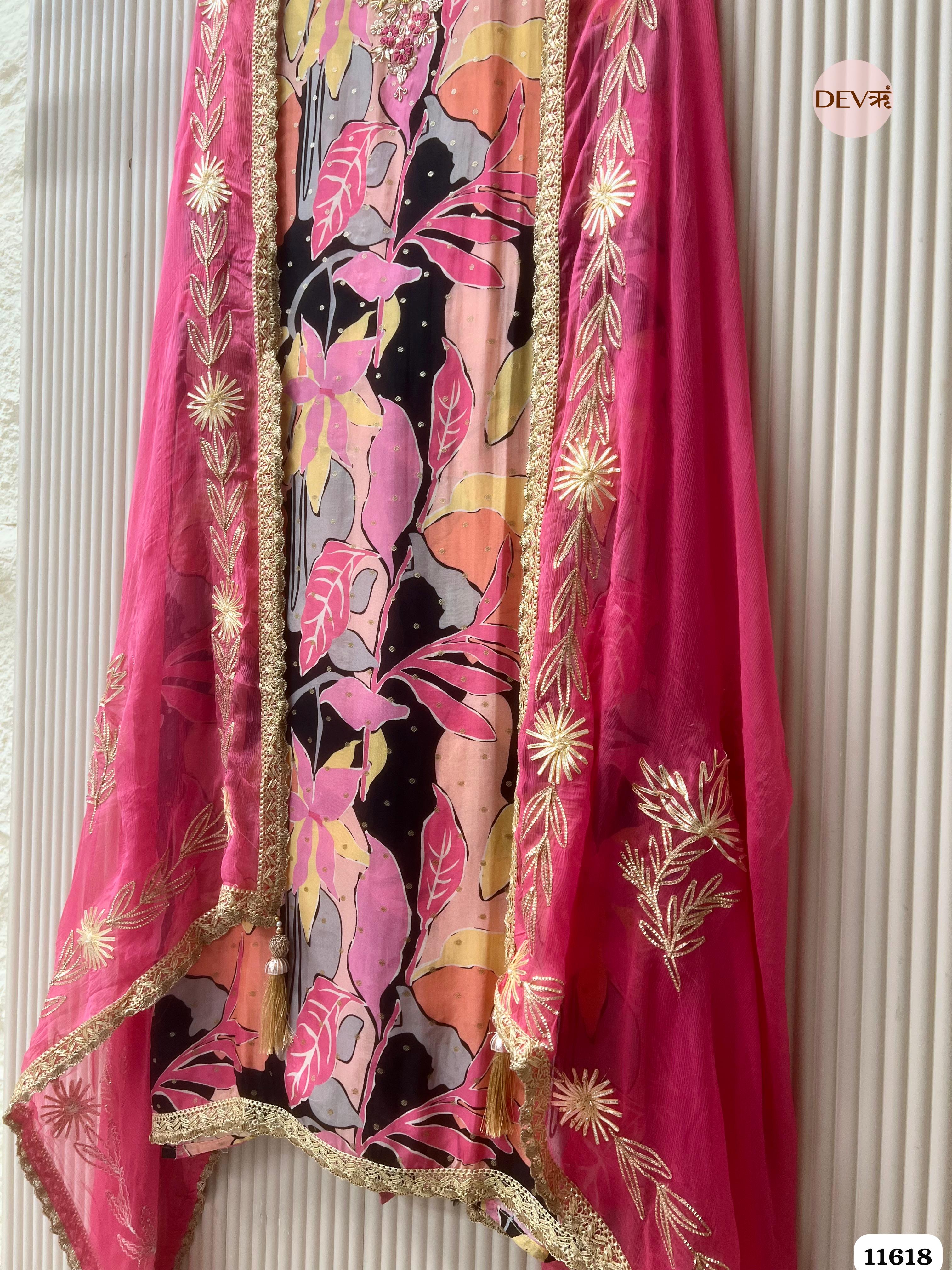 Pink Pure Organza Silk Unstitched Printed Hand Embroidered -Set Of 3 {11618}