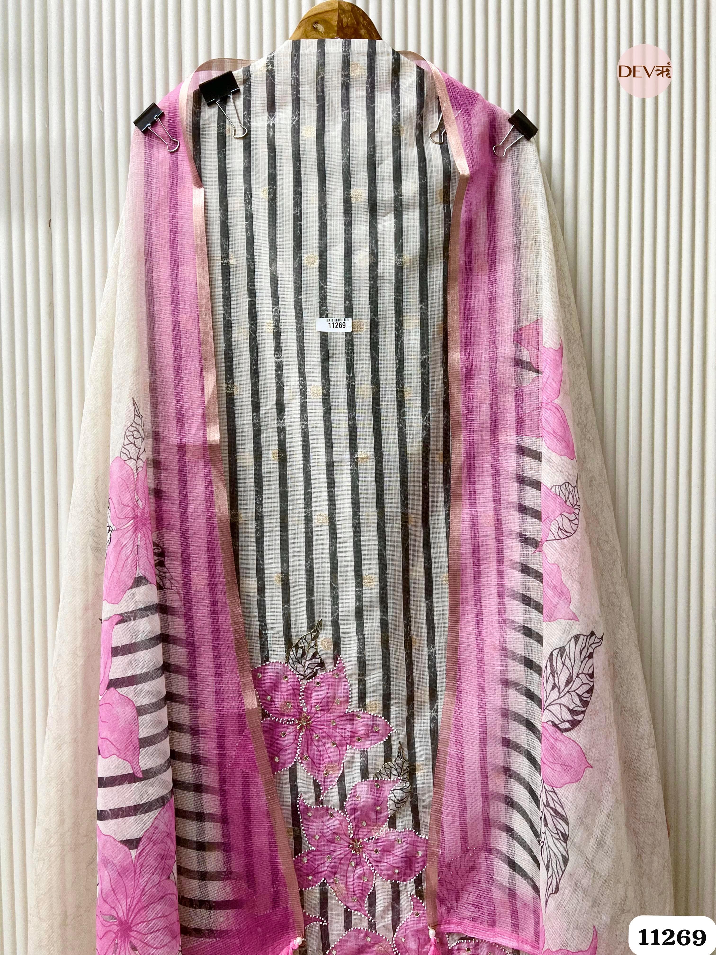 Pink Kota Silk Unstitched Hand Embroidered -Set Of 3