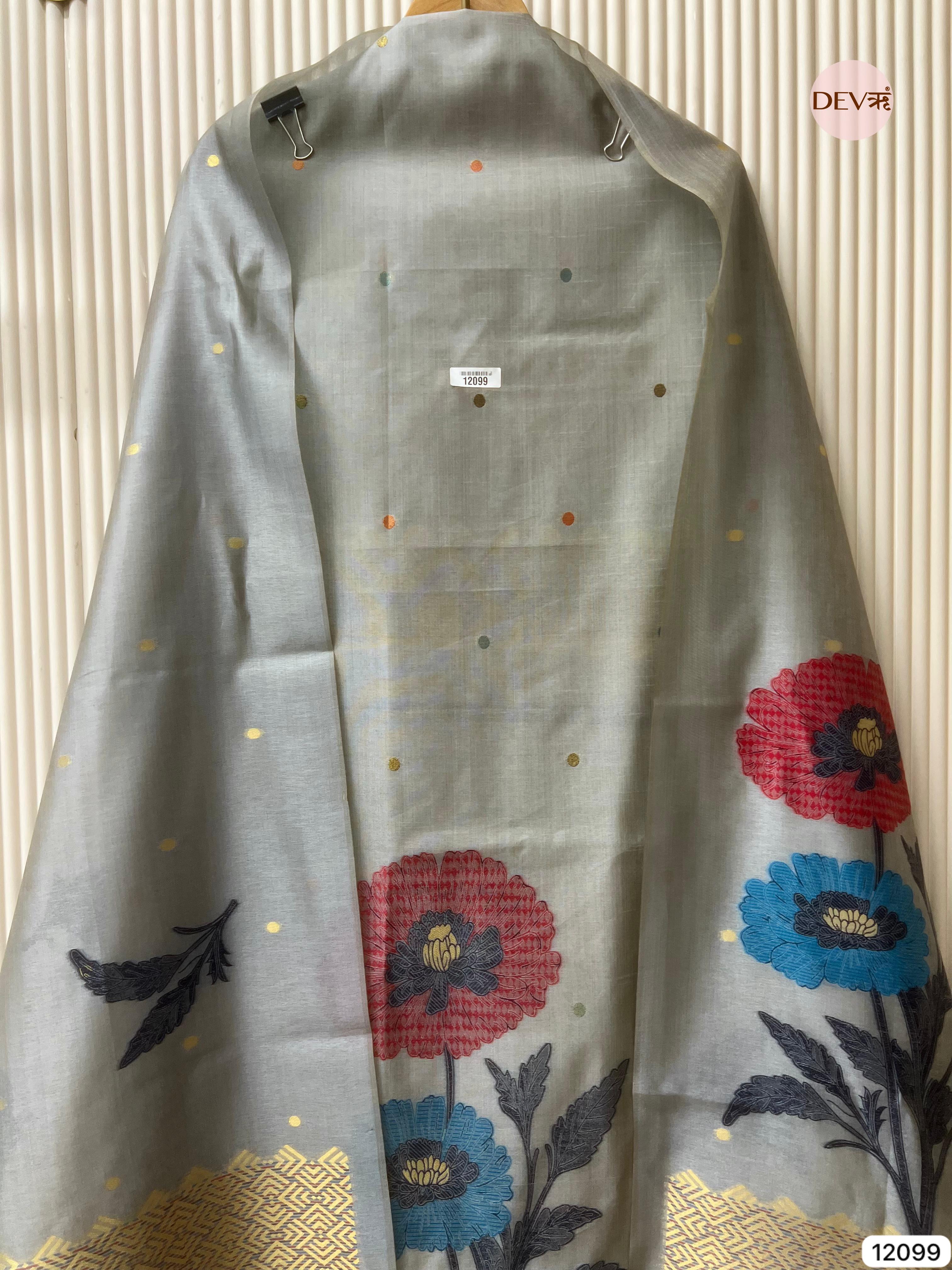 Grey Banarasi Khadi Silk Unstitched -Set Of 3 - {12099}