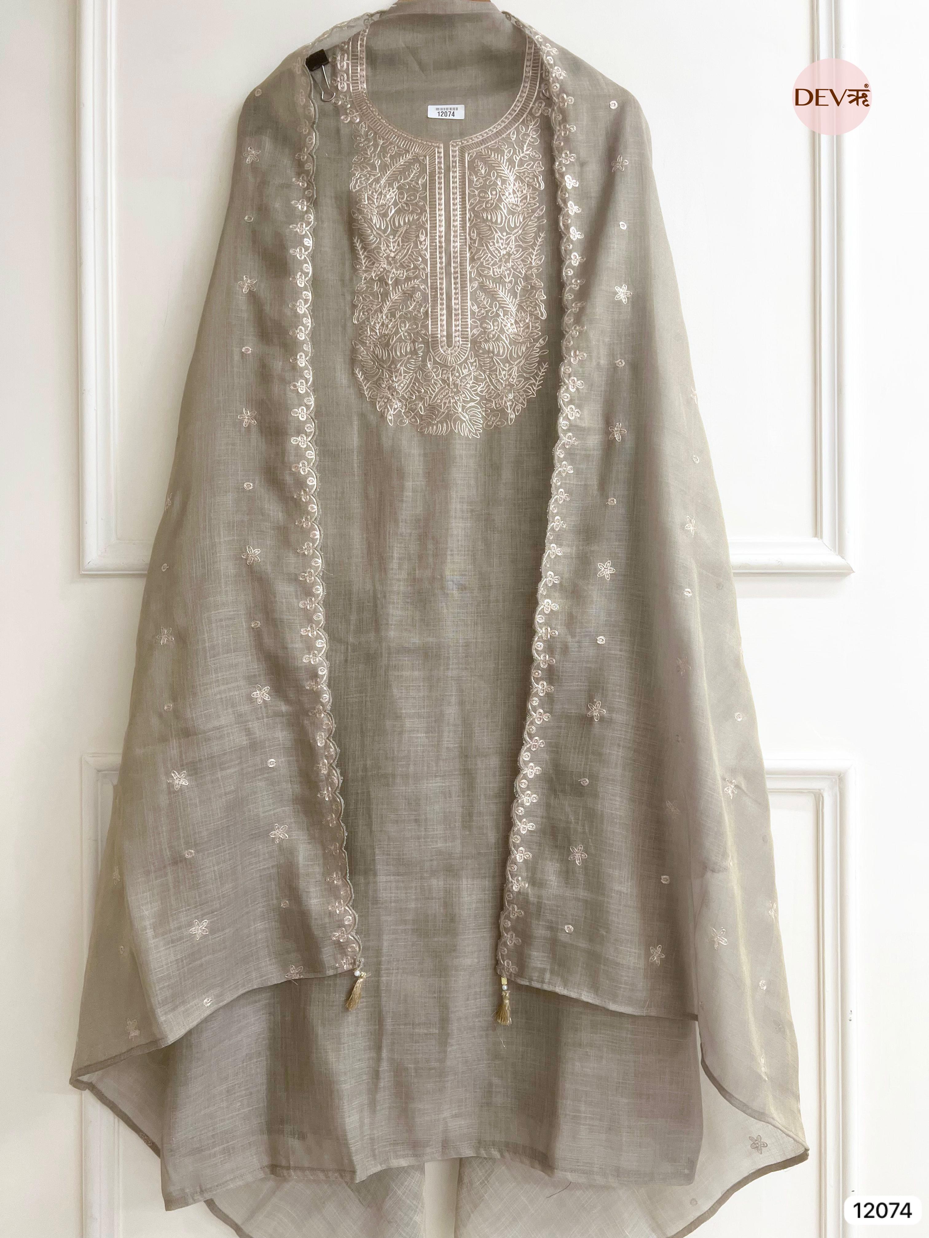 Beige Pure Linen Unstitched Zardosi Embroidered -Set Of 3 - {12074}