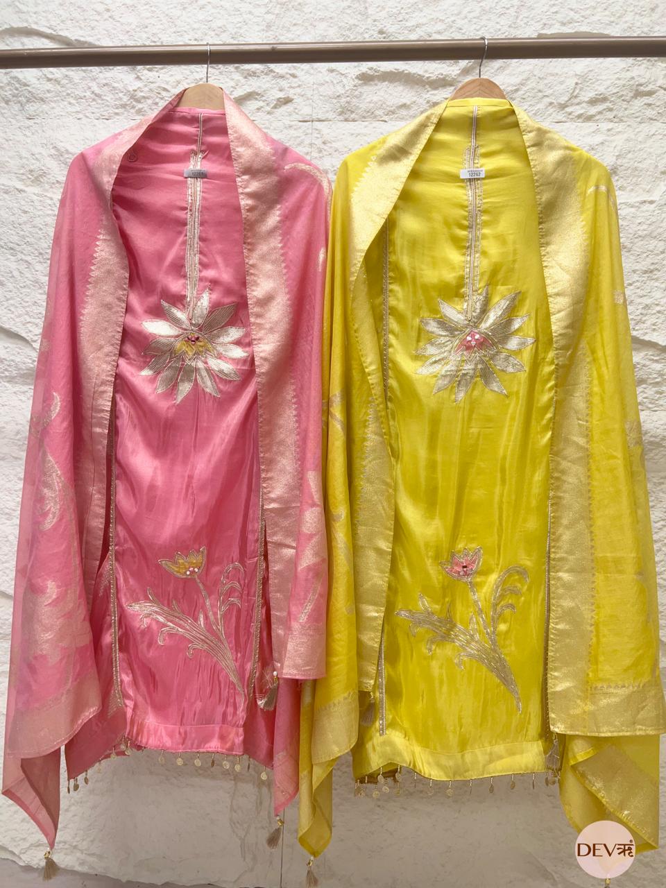 Yellow Shimmer Silk Embroidered Unstitched 3-Piece Suit (Devri – D.No 12262)