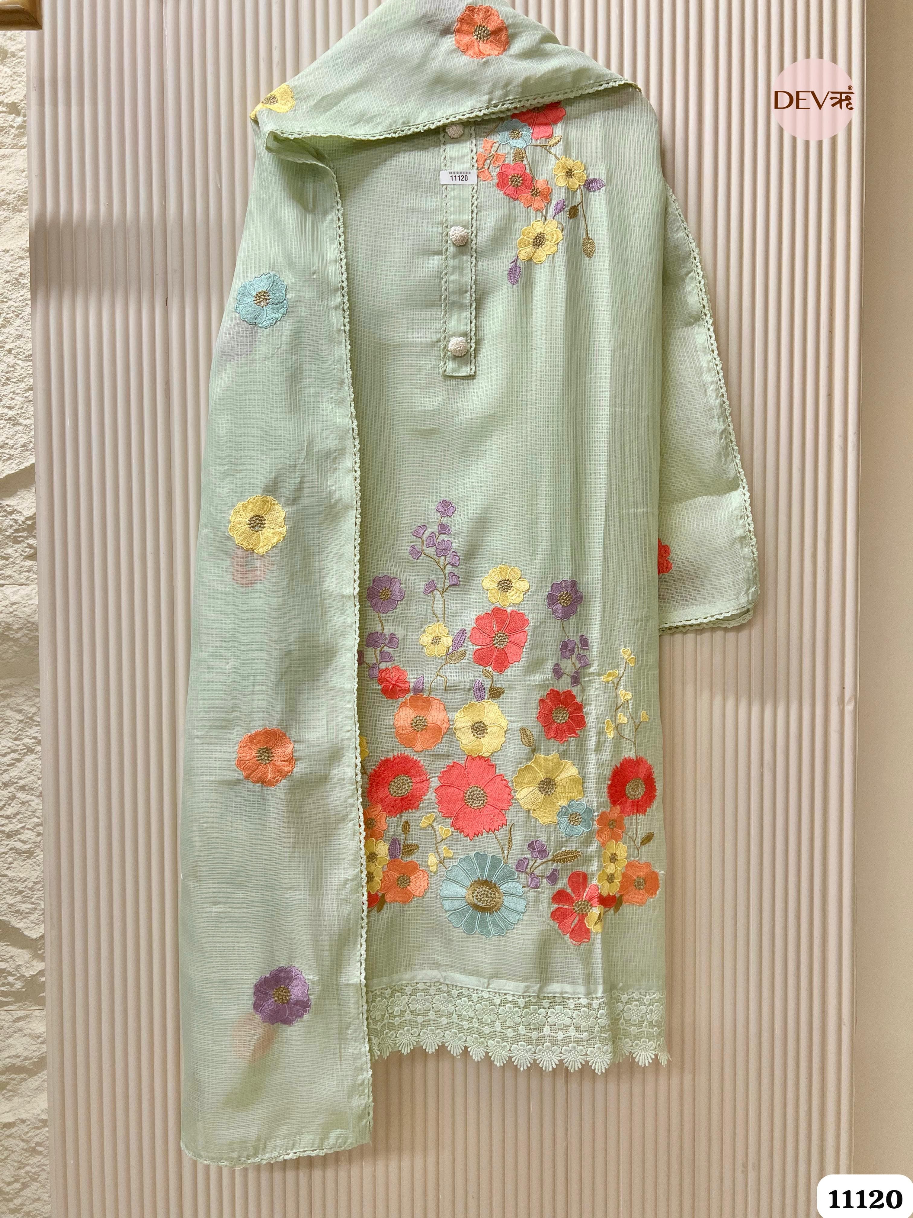 Green Kota Unstitched Embroidered -Set Of 3