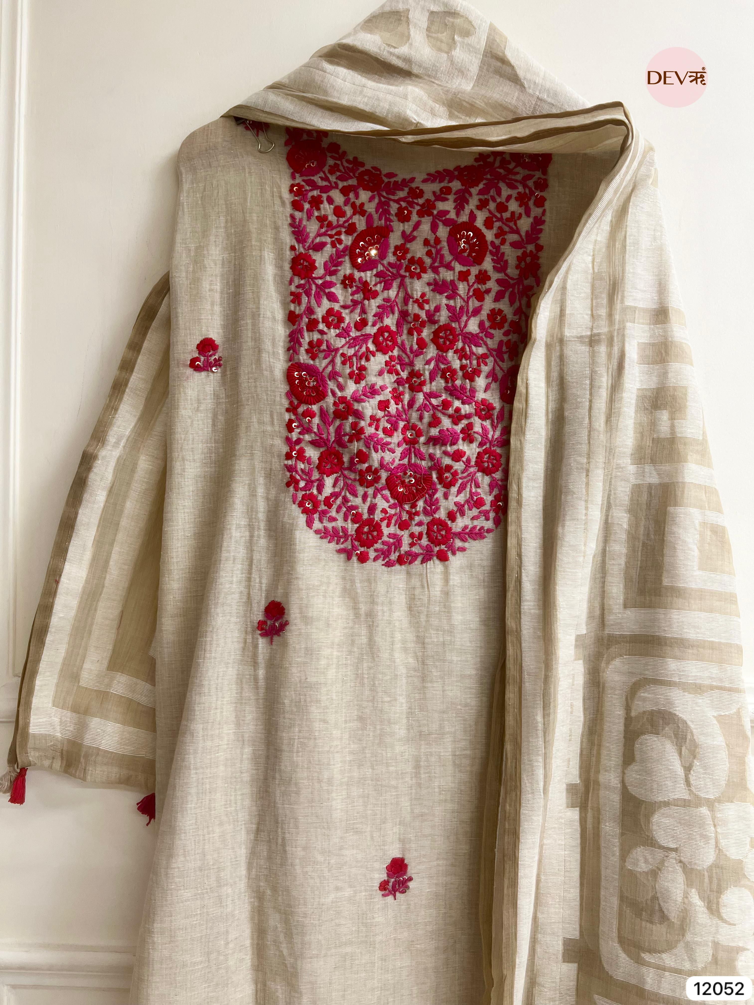 Cream Colour Pure Khadi Silk Unstitched Embroidered -Set Of 3- {12052}