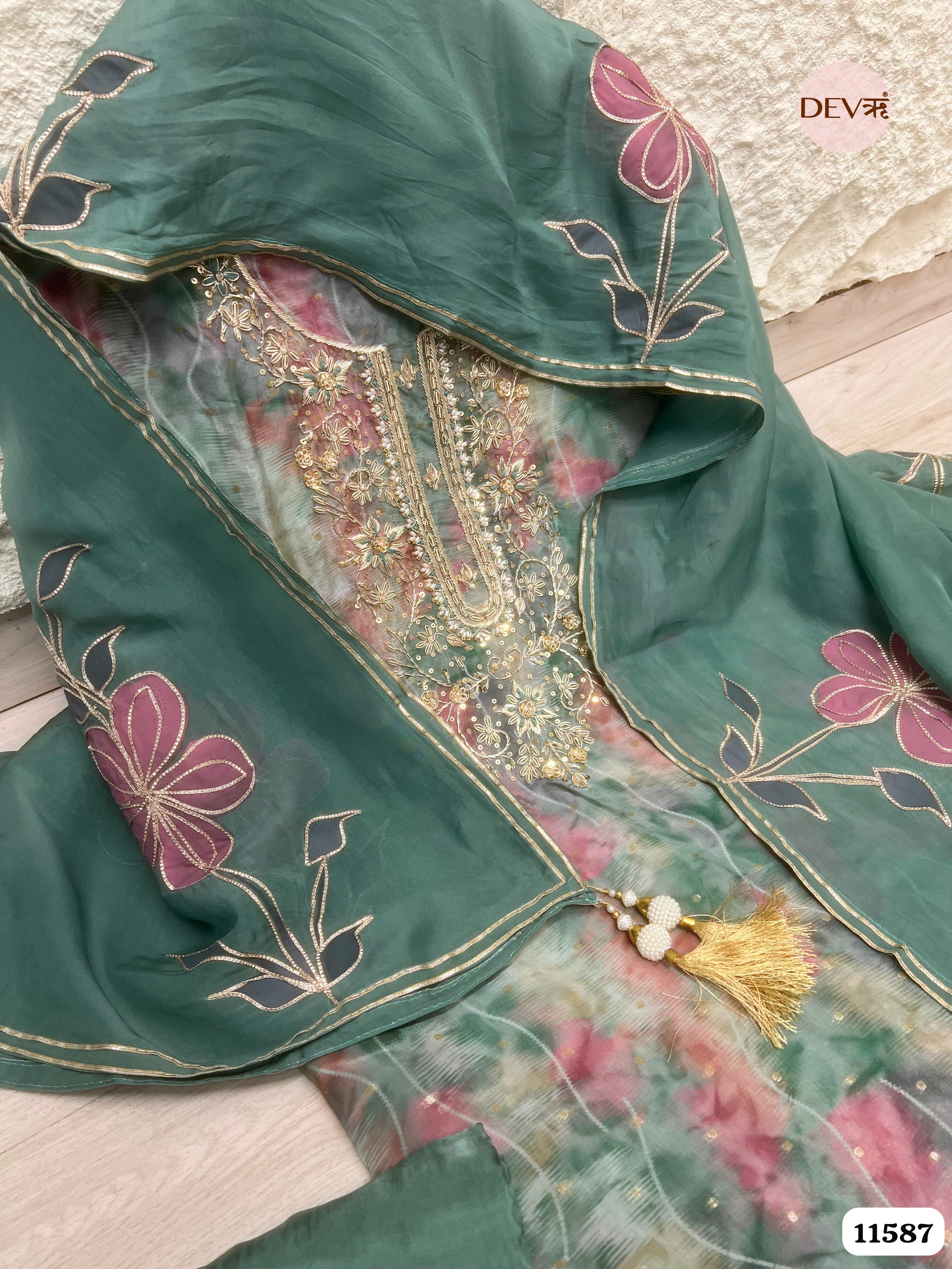 Green Pure Organza Silk Printed Unstitched Hand Embroidered -Set Of 3 {11587}