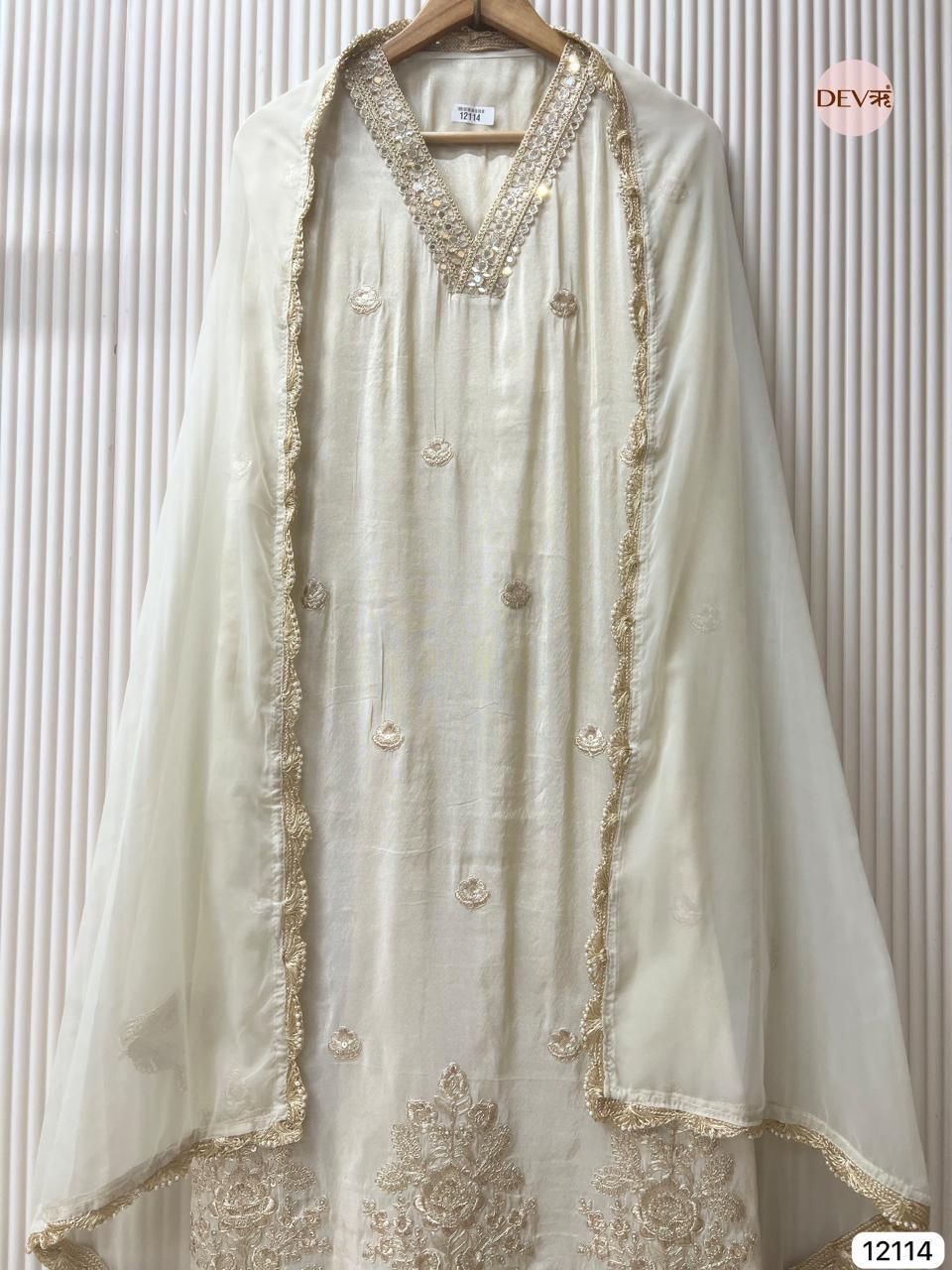 Ivory Tissue Shimmer Silk Embroidered Unstitched 3-Piece Suit (Devri – D.No 12114).