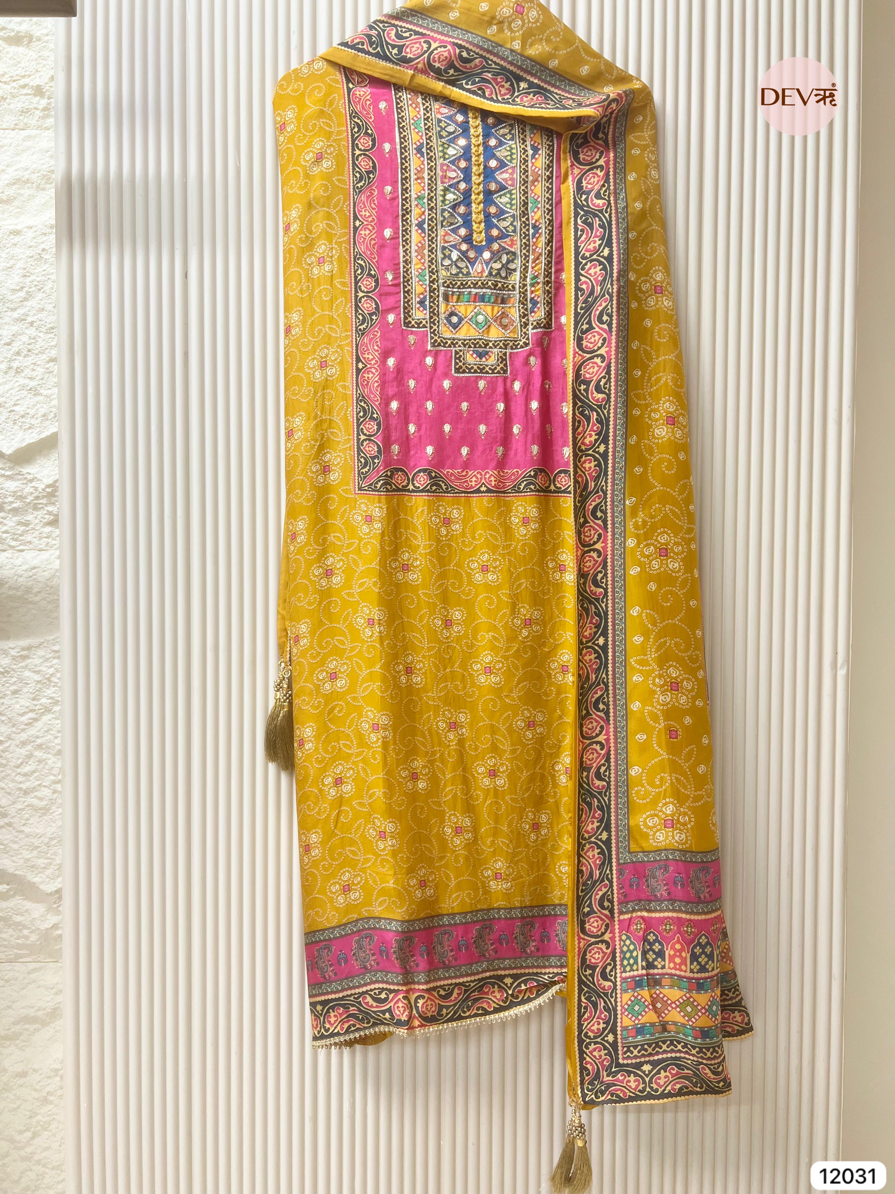 Yellow Pure Glass Silk Unstitched Printed Hand Embroidered -Set Of 3 - {12031}