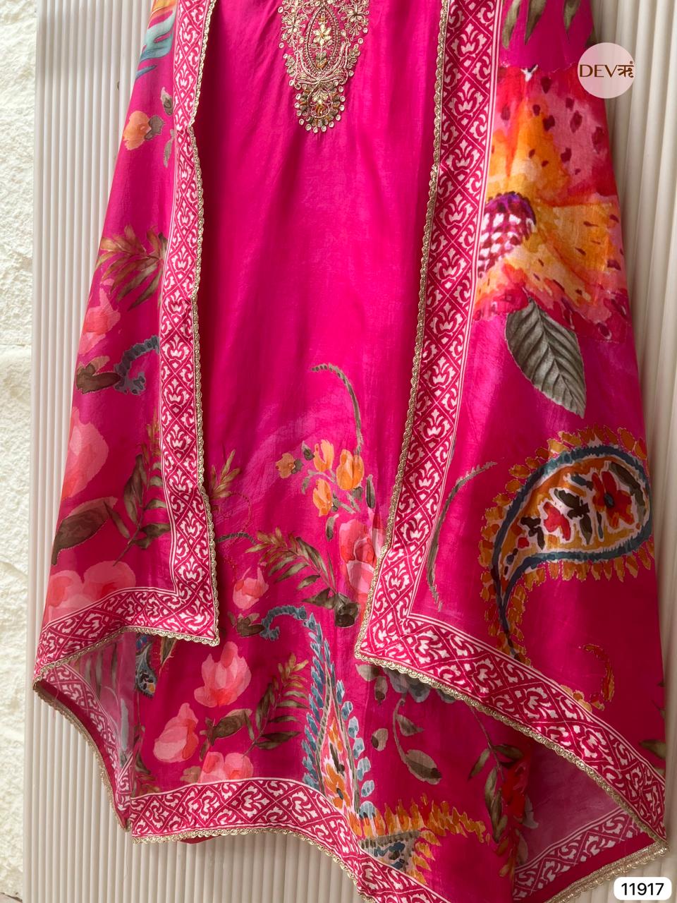Pink Pure Russian Silk Unstitched Printed Hand Embroidered -Set Of 3 - {11917}