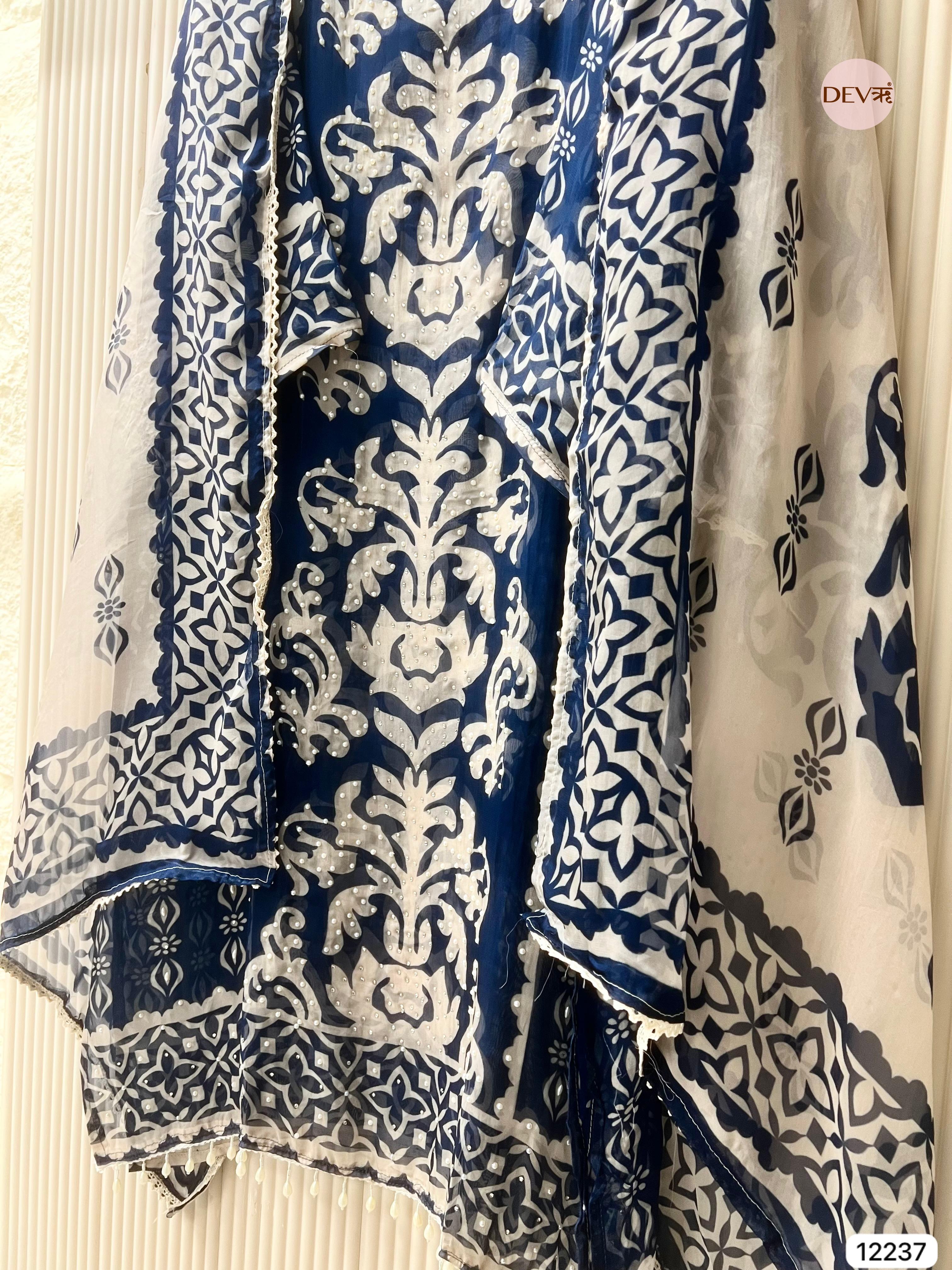 Navy Organza Printed Unstitched 3-Piece Suit (Devri – D.No 12237)