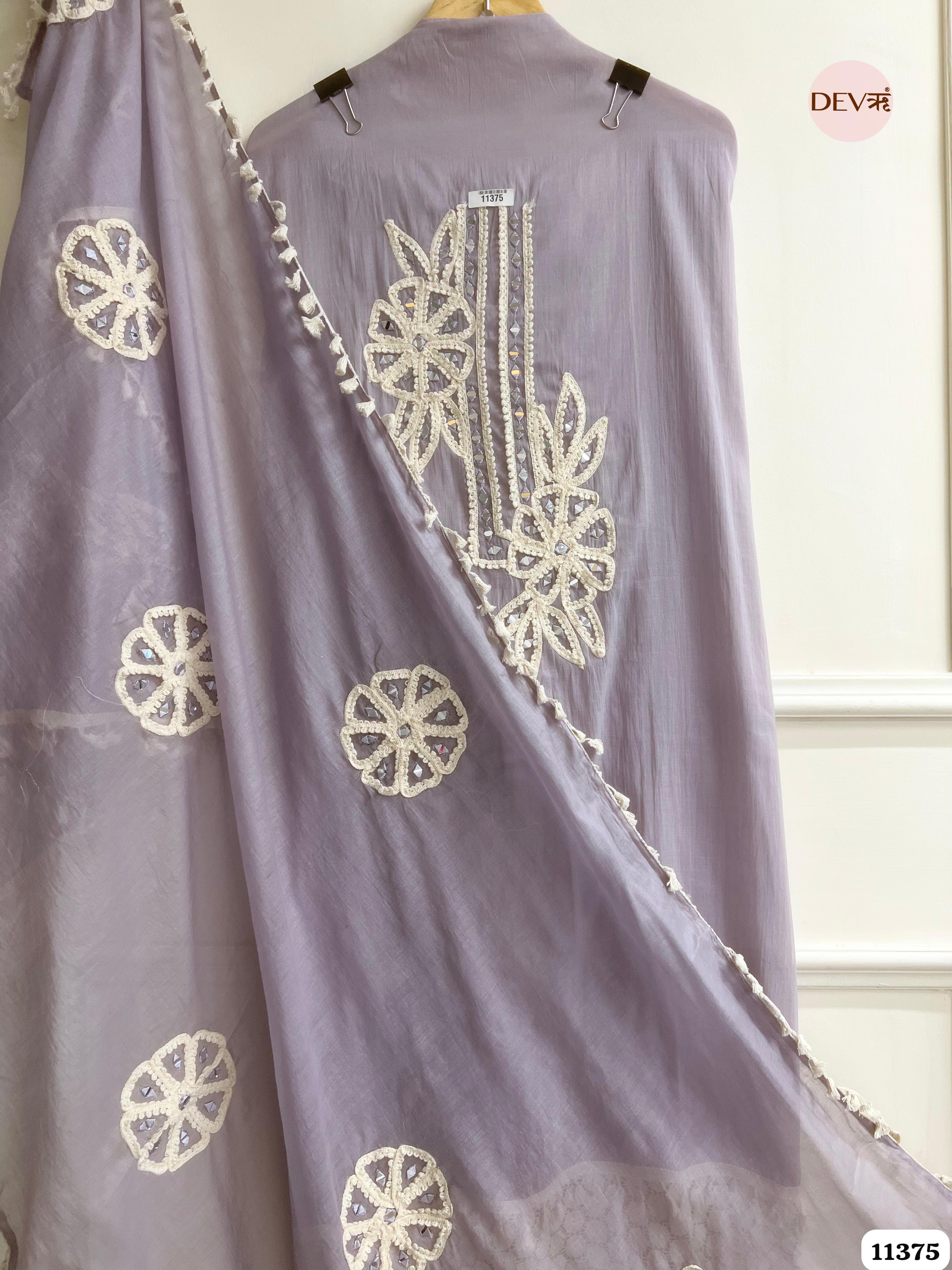 Lavender Mul Chanderi Unstitched Hand Embroidered -Set Of 3 {11375}