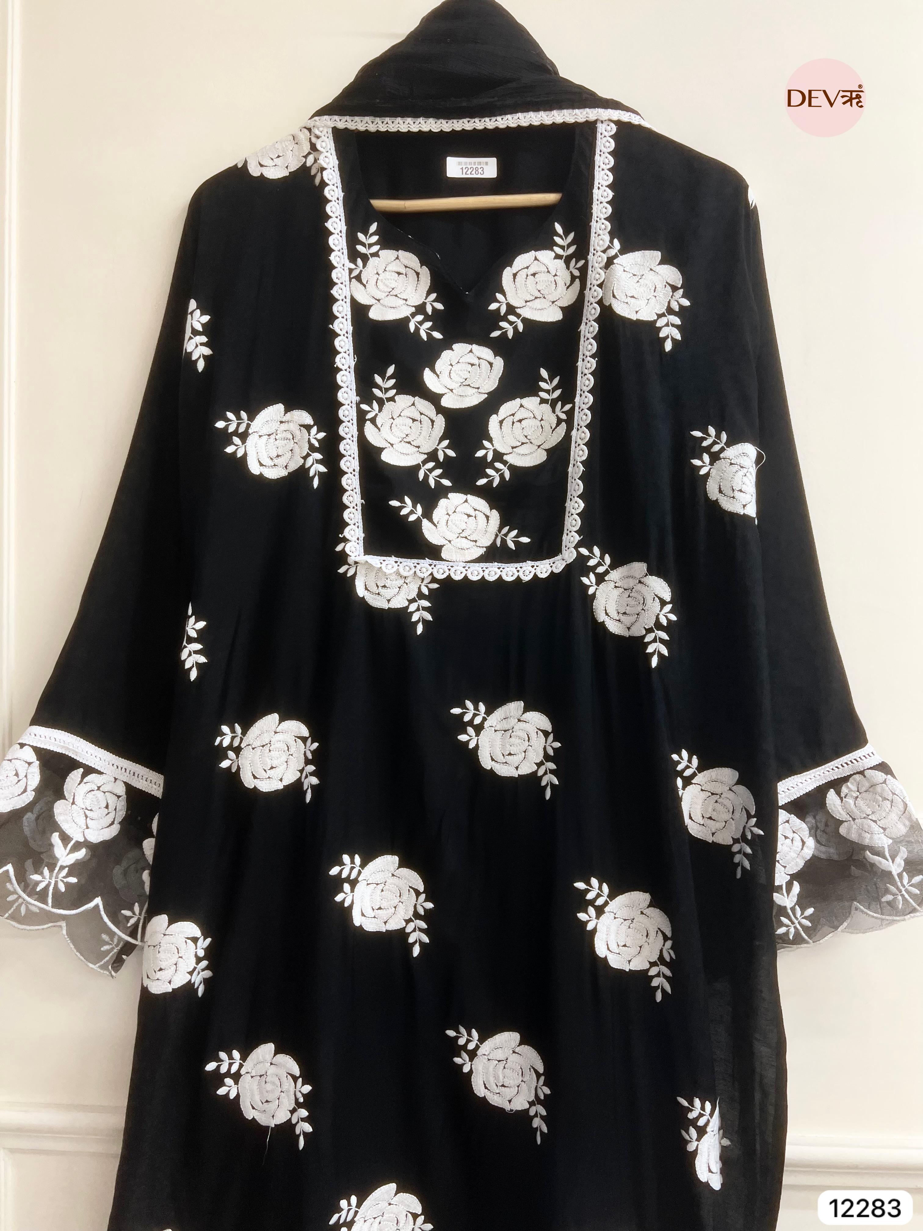 Black Muslin Embroidered Unstitched 3-Piece Suit (Devri – D.No 12283)