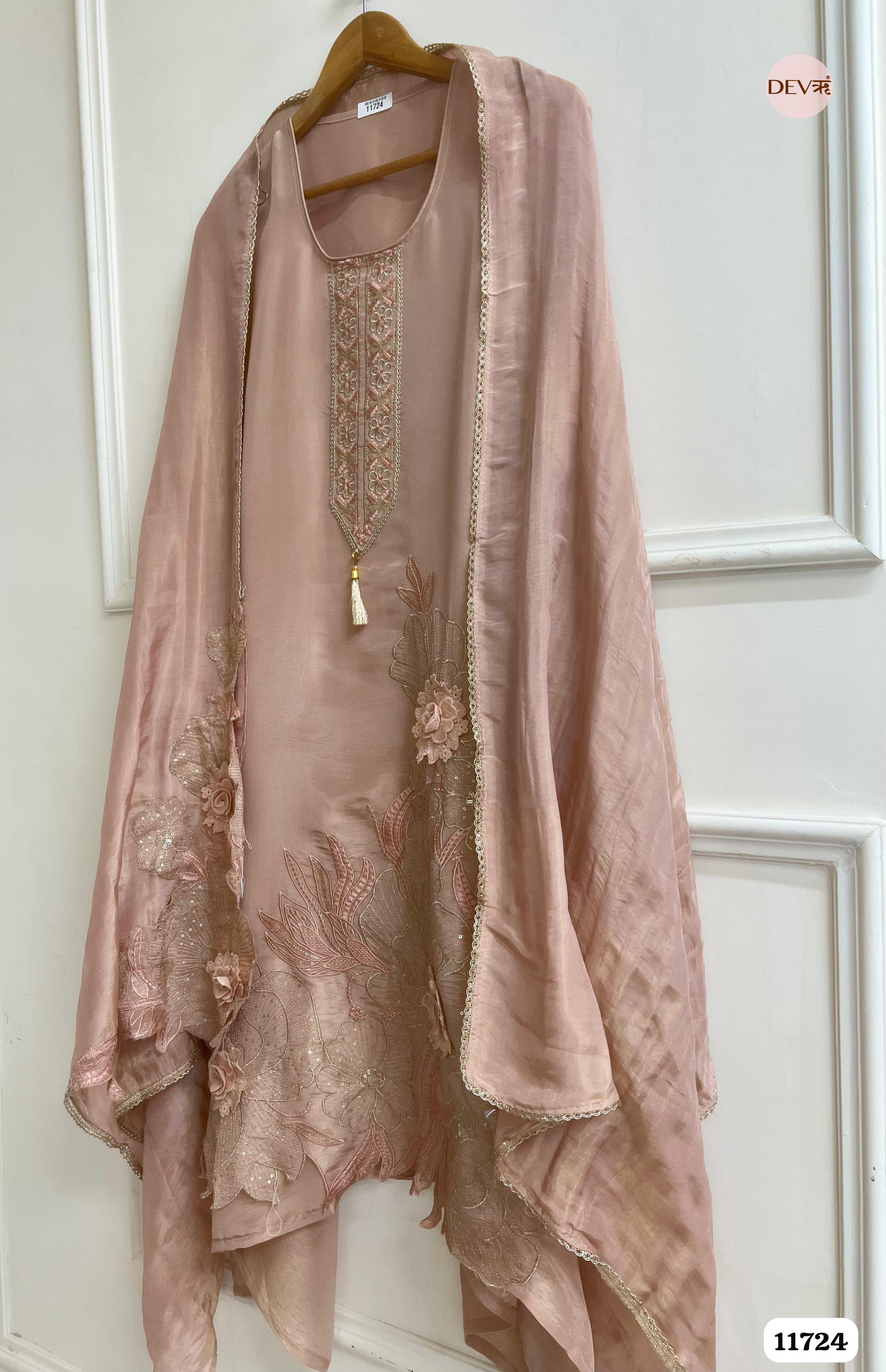Beige Tissue Shimmer Silk Unstitched Embroidered -Set Of 3- {11724}