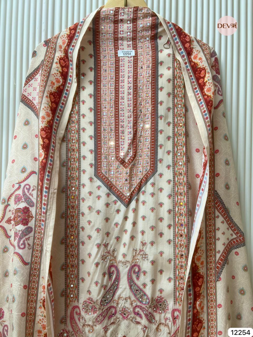 Beige Glass Organza Printed Unstitched 3-Piece Suit (Devri – D.No 12254)