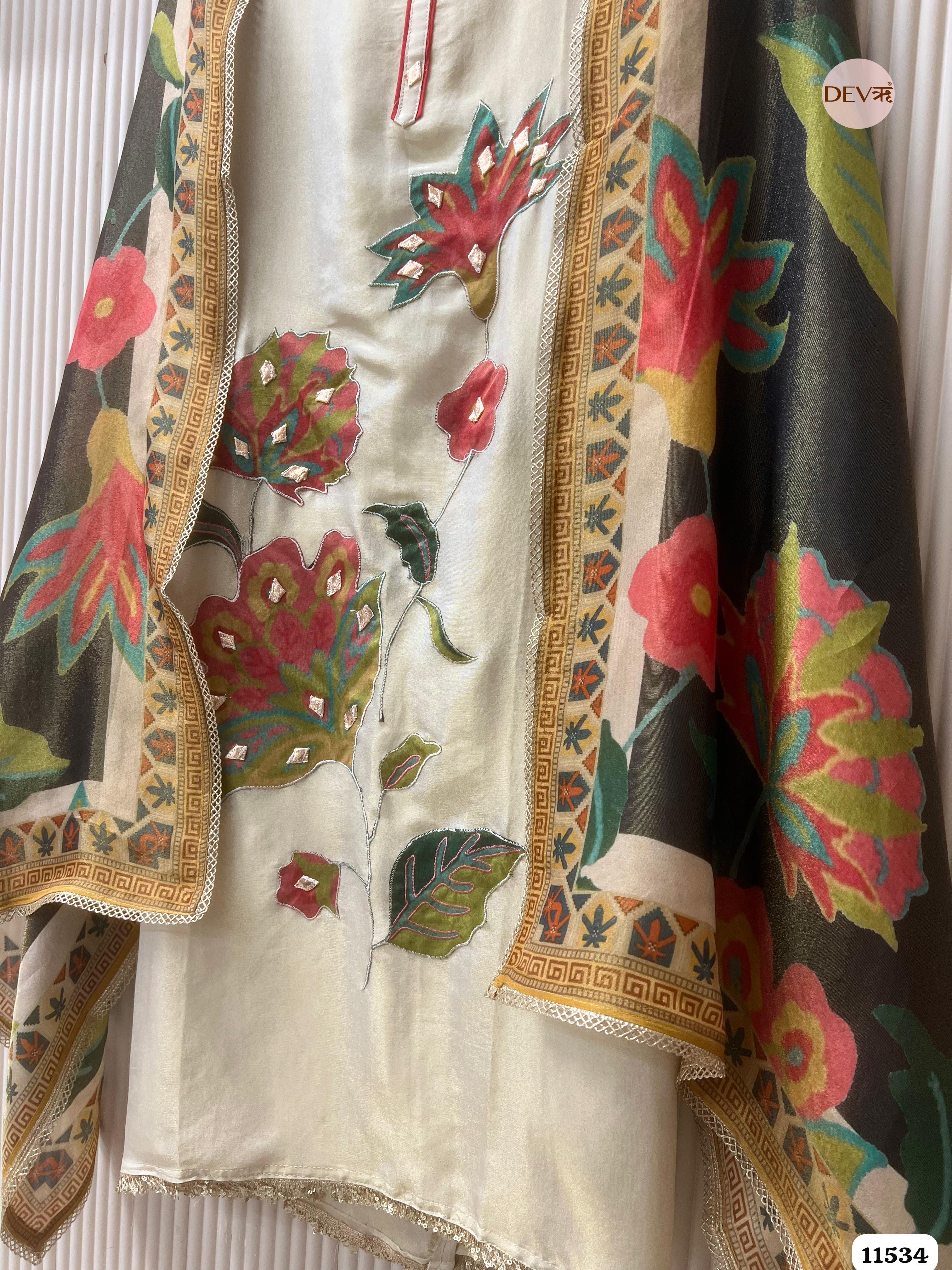 Off White Tissue Silk Unstitched Applique Work Hand Embroidered -Set Of 3 {11534}