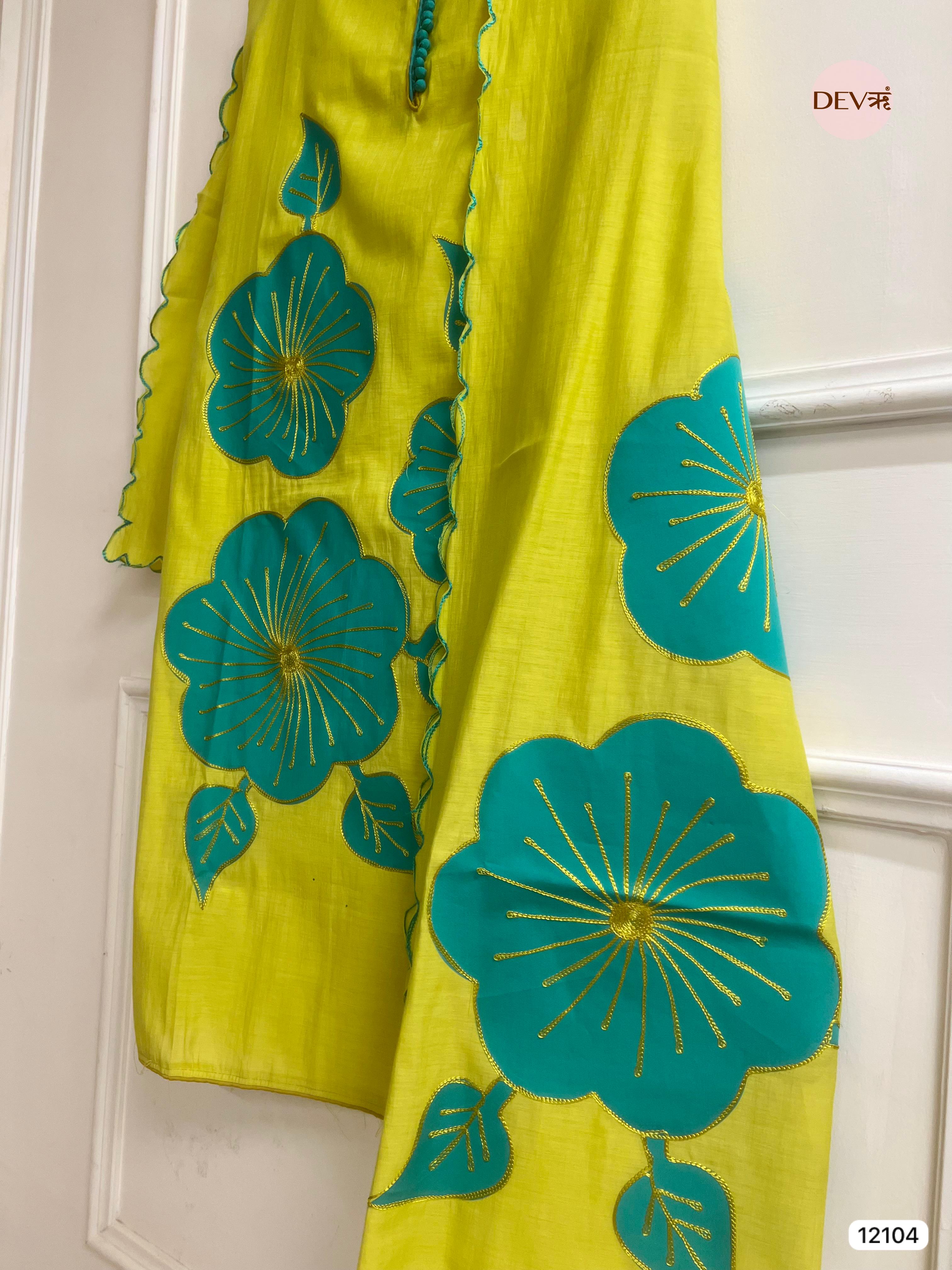 Green Modal Silk Unstitched Applique Embroidered -Set Of 3- {12104}