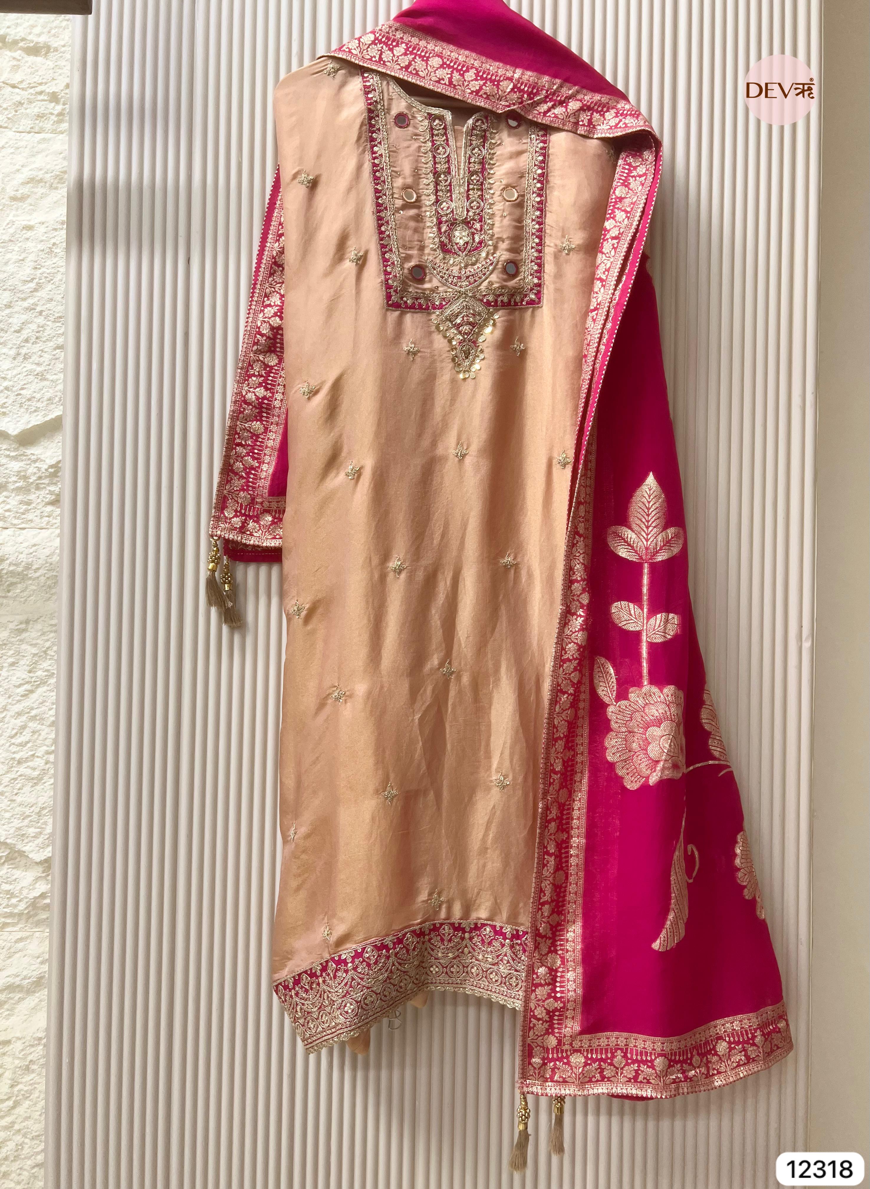 Champagne Gold Shimmer Silk Embroidered Unstitched 3-Piece Suit (Devri – D.No 12318)