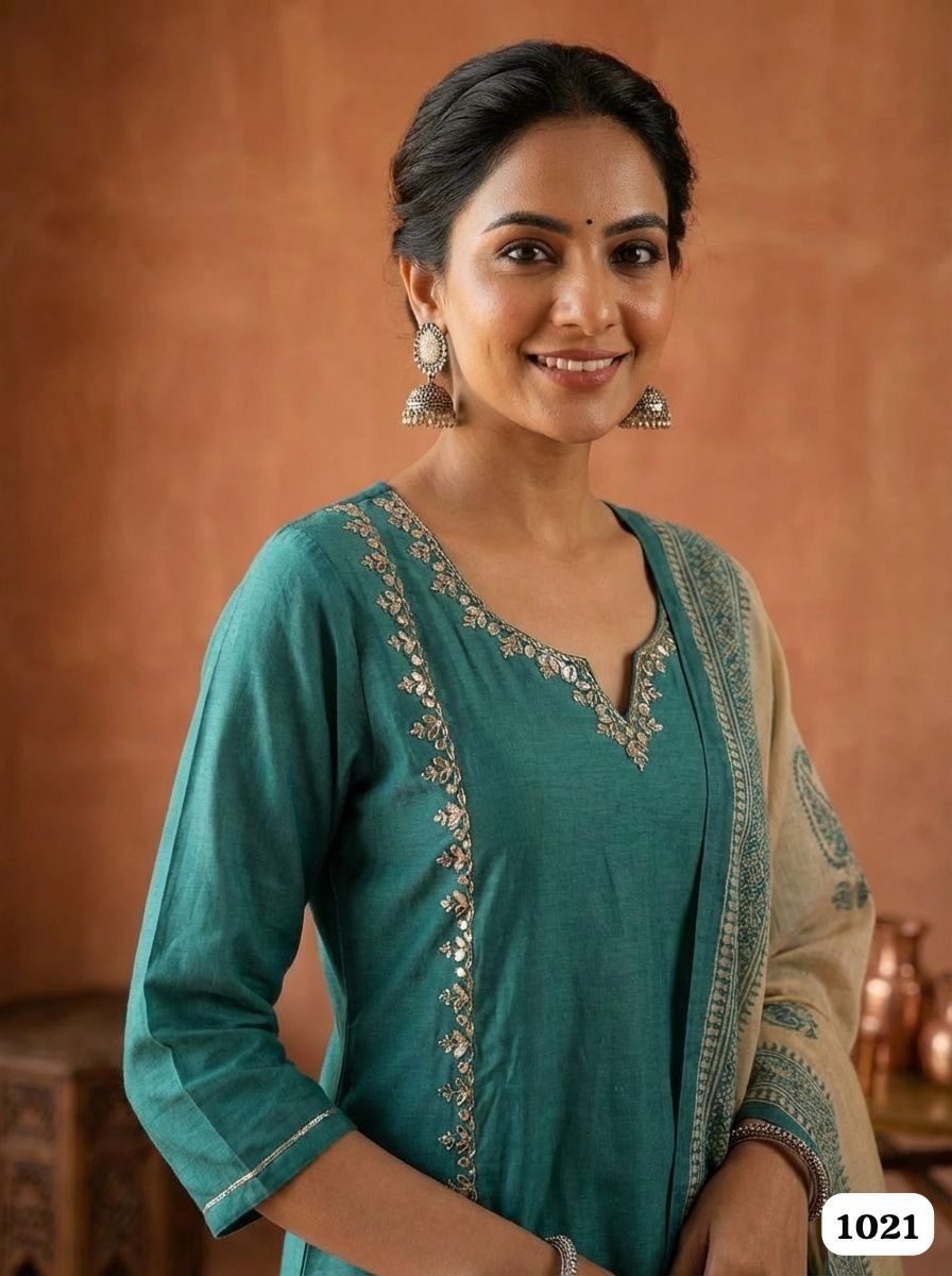 Teal Glow Chanderi 3-Piece Set {1021}
