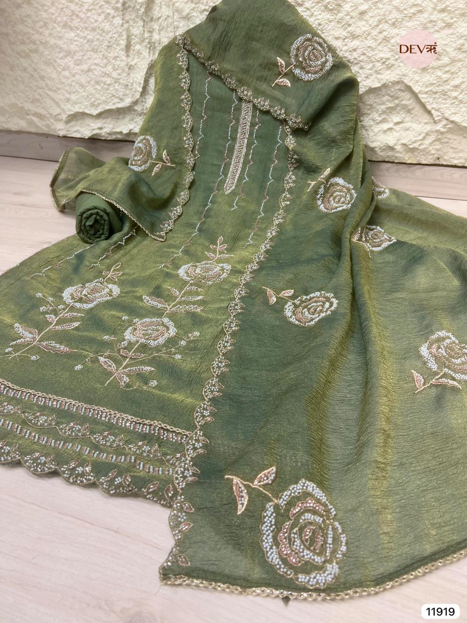 Green Pure Tissue Crush Unstitched Hand Embroidered -Set Of 3 - {11919}