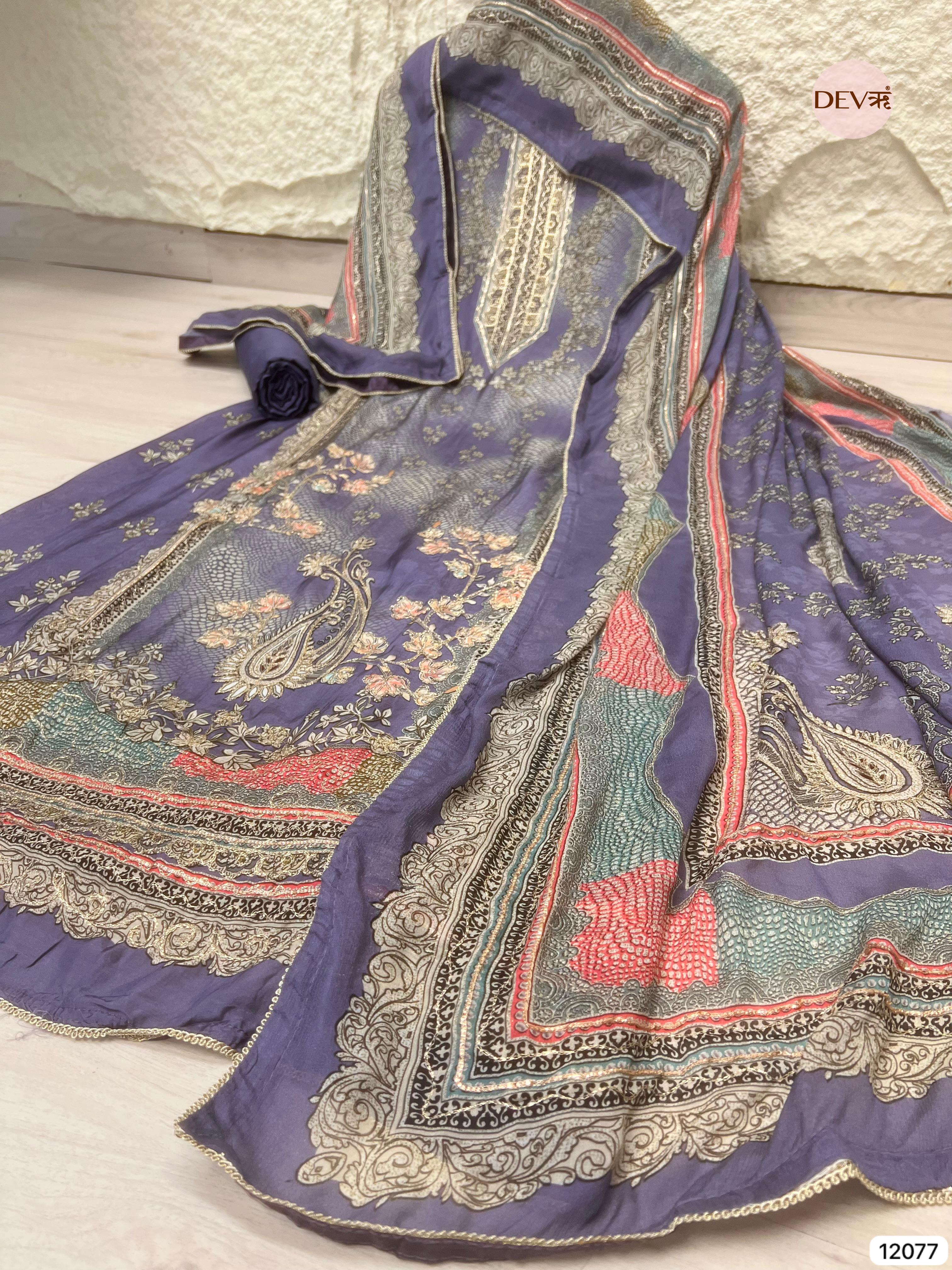 Purple Pure Muslin Unstitched Printed With Hand Zardosi Embroidery -Set Of 3 - {12077}