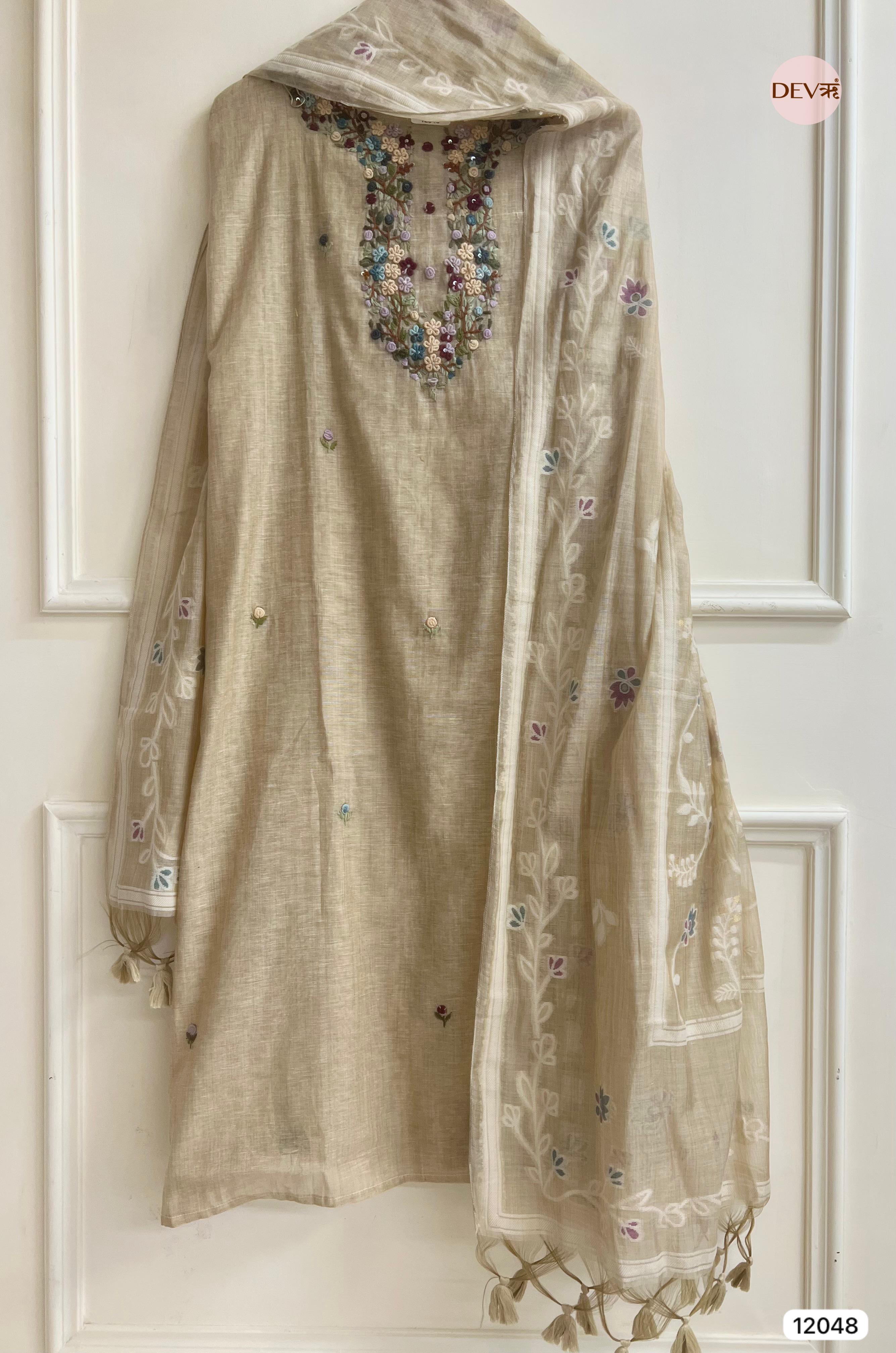 Off White Pure Khadi Silk Unstitched Embroidered -Set Of 3 - {12048}