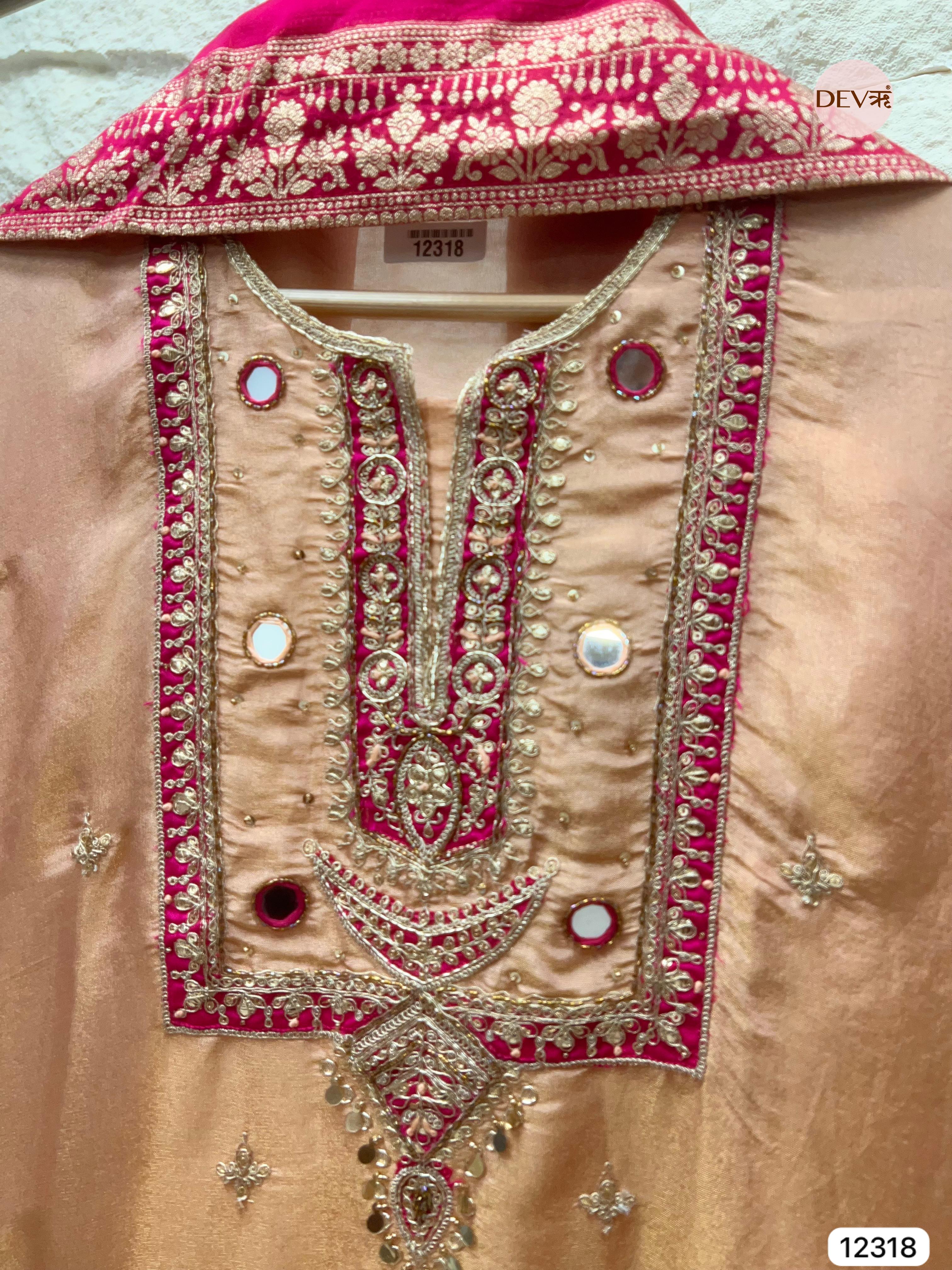 Champagne Gold Shimmer Silk Embroidered Unstitched 3-Piece Suit (Devri – D.No 12318)