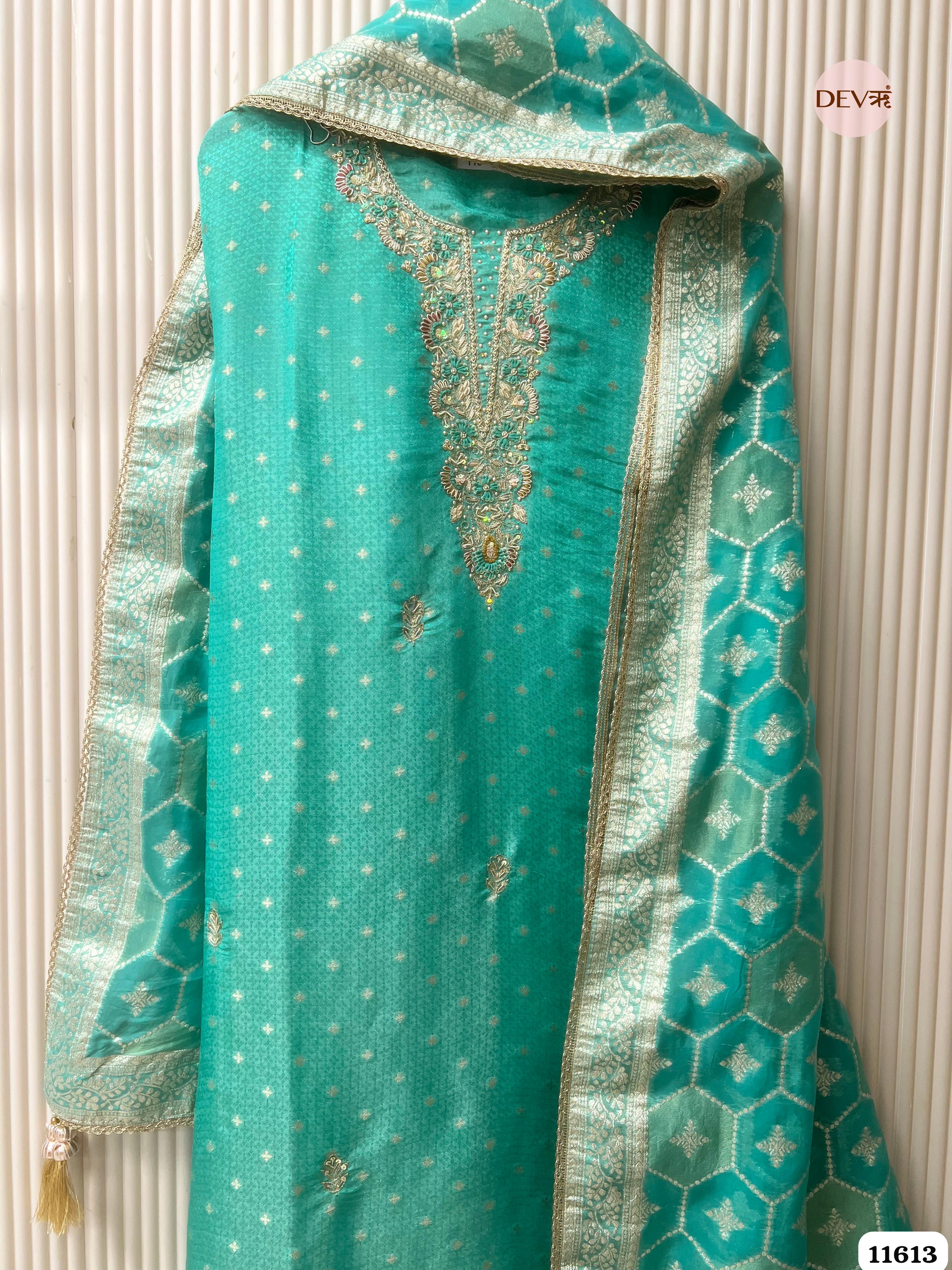 Green Pure Tissue Banarasi Silk Unstitched Hand Embroidered -Set Of 3 {11613}