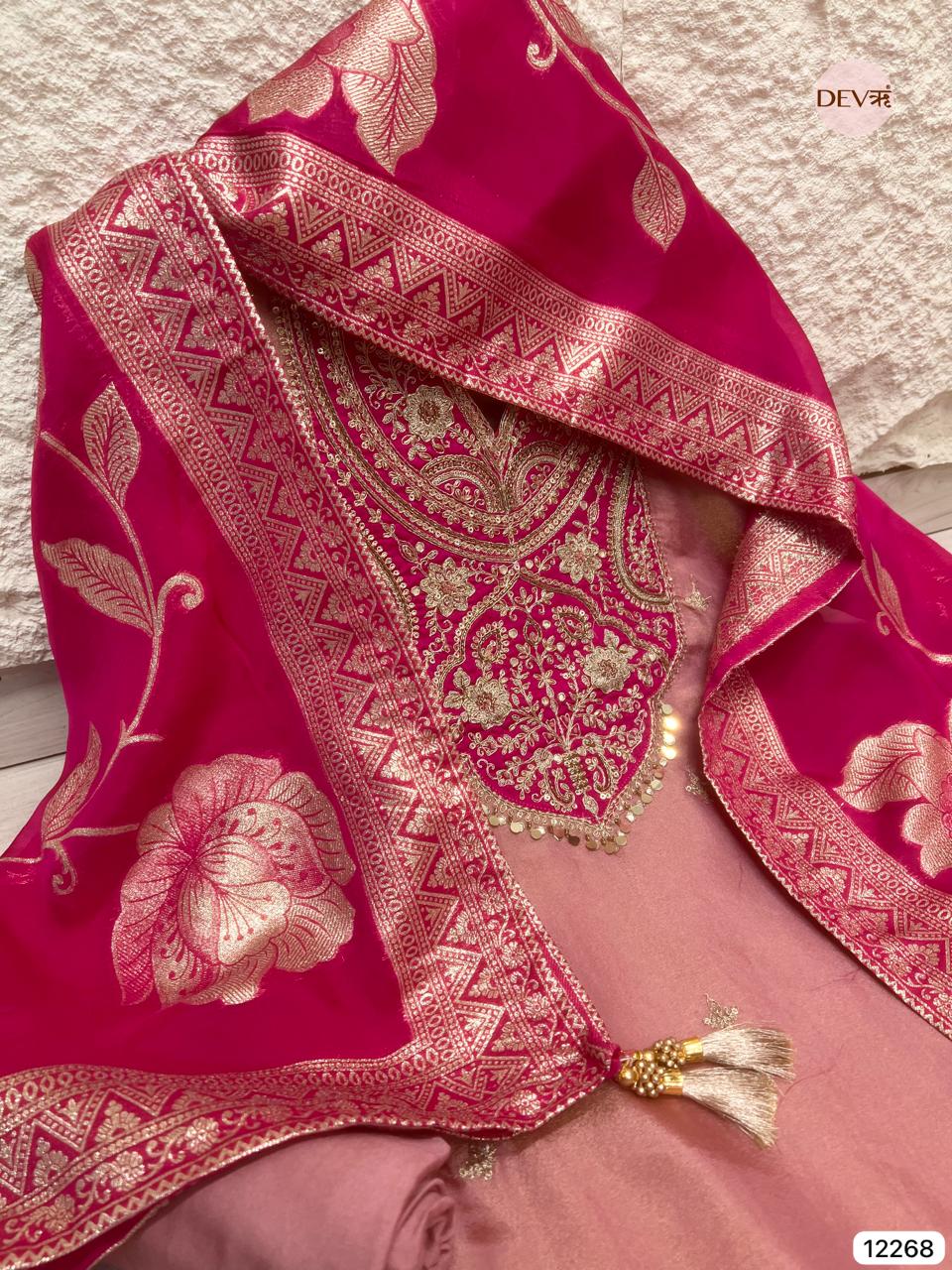 Rose–Rani Tissue Shimmer Silk Embroidered Unstitched 3-Piece Suit (Devri – D.No 12268)