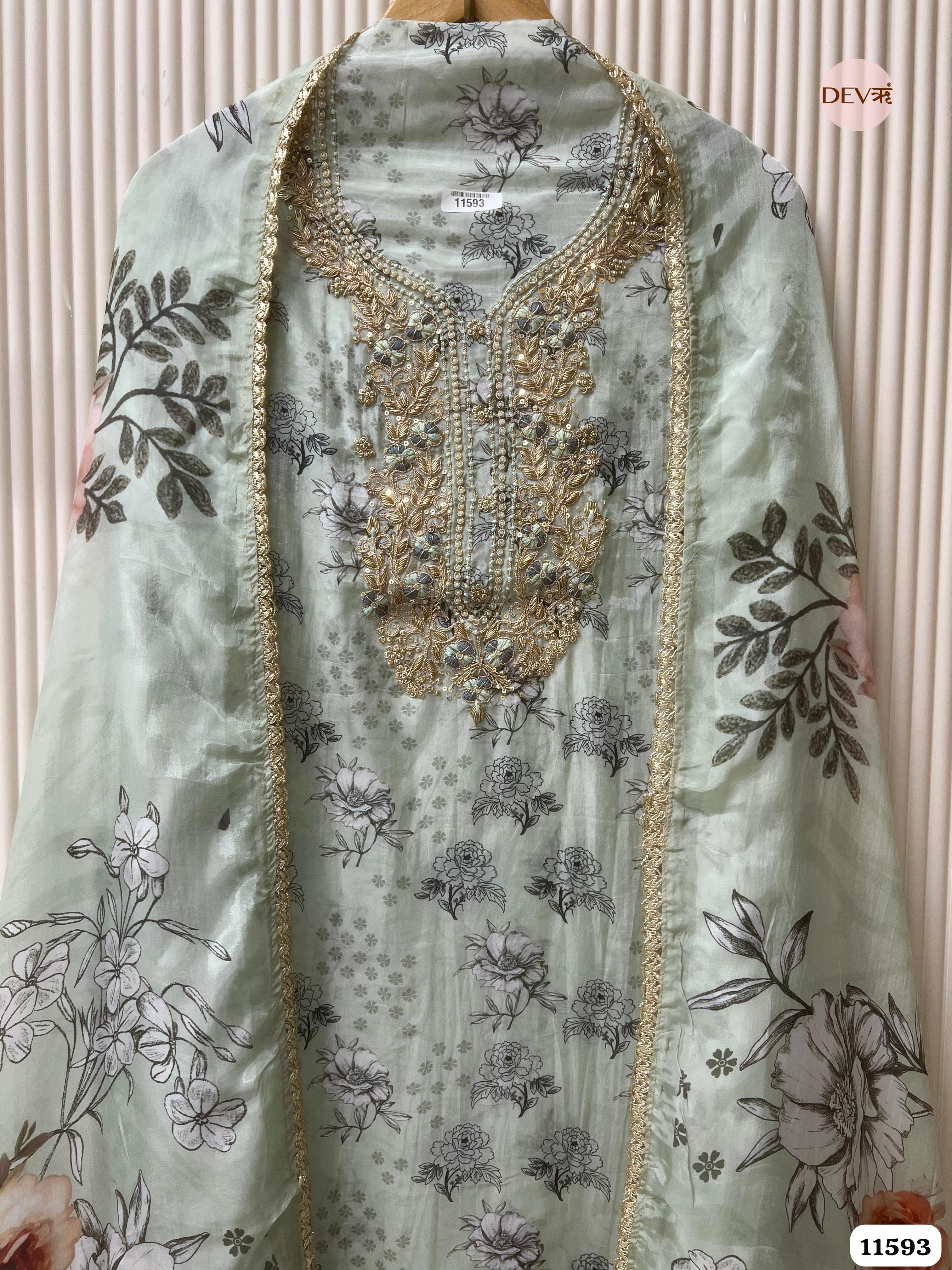 Mint Green Pure Organza Silk Unstitched Printed Hand Embroidered -Set Of 3 {11593}