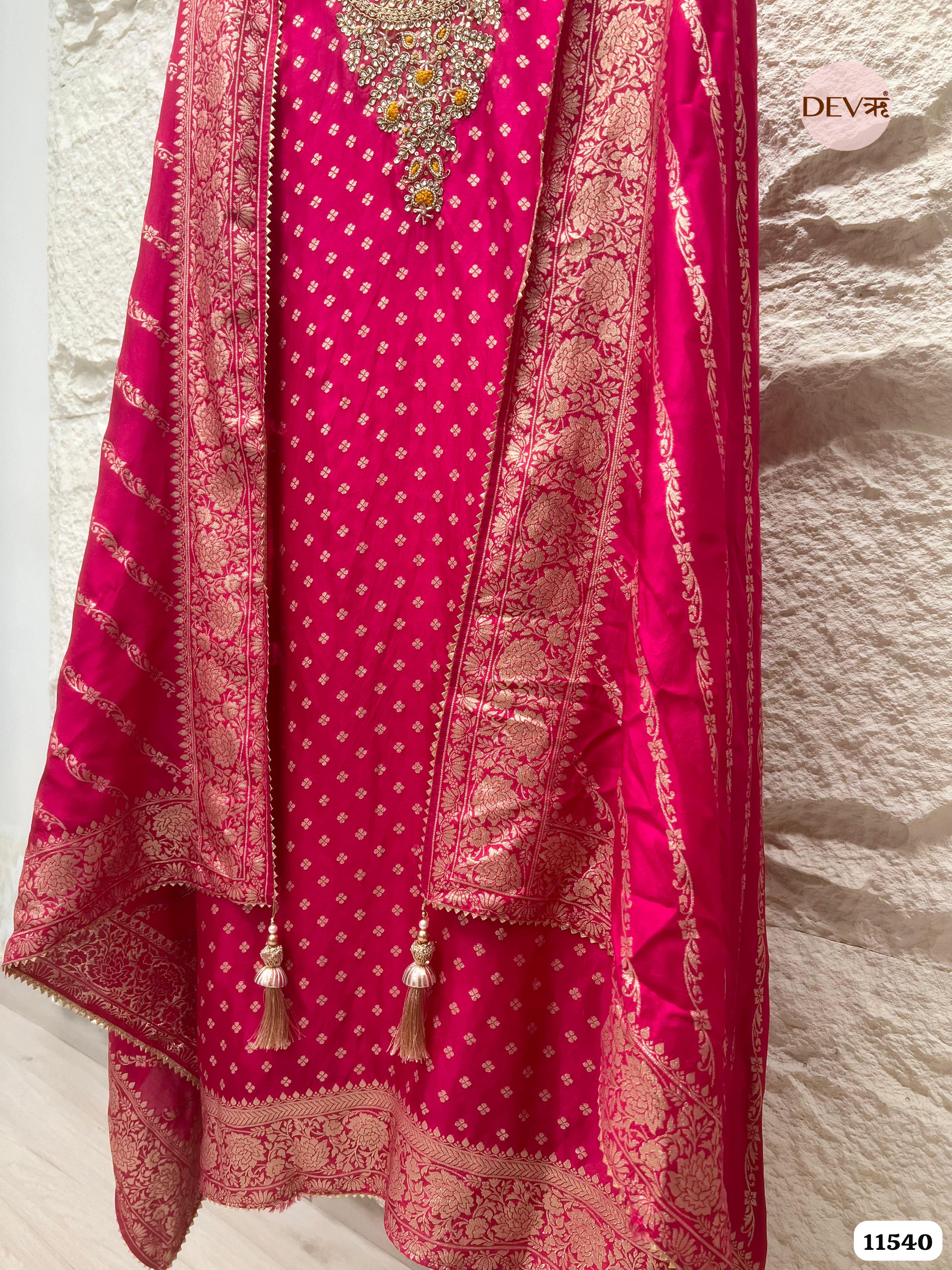 Pink Pure Russian Silk Banarasi Woven Unstitched Hand Embroidered -Set Of 3