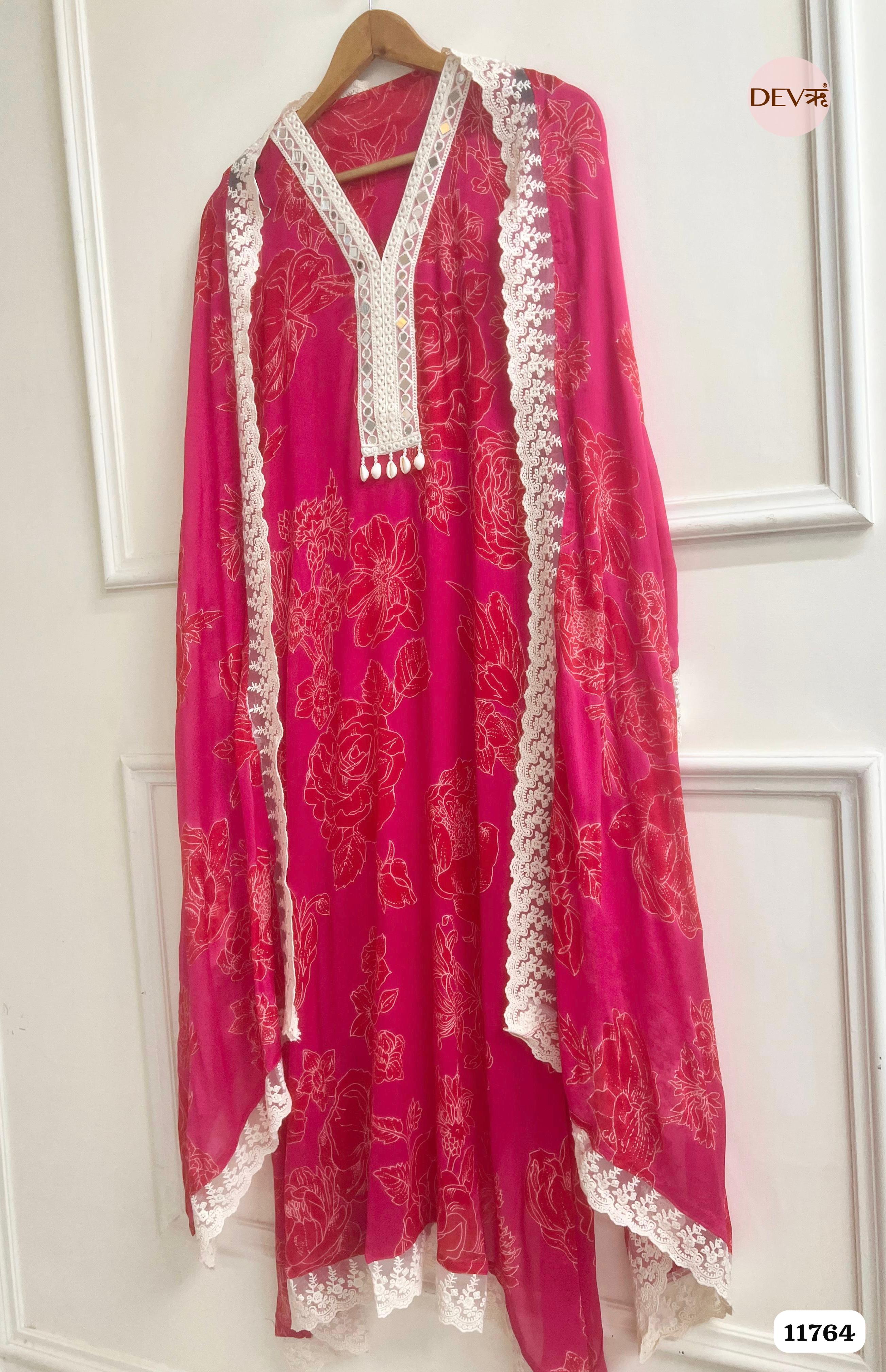 Pink Chinon Unstitched Printed Crocia Laces Set Of 3 {11764}