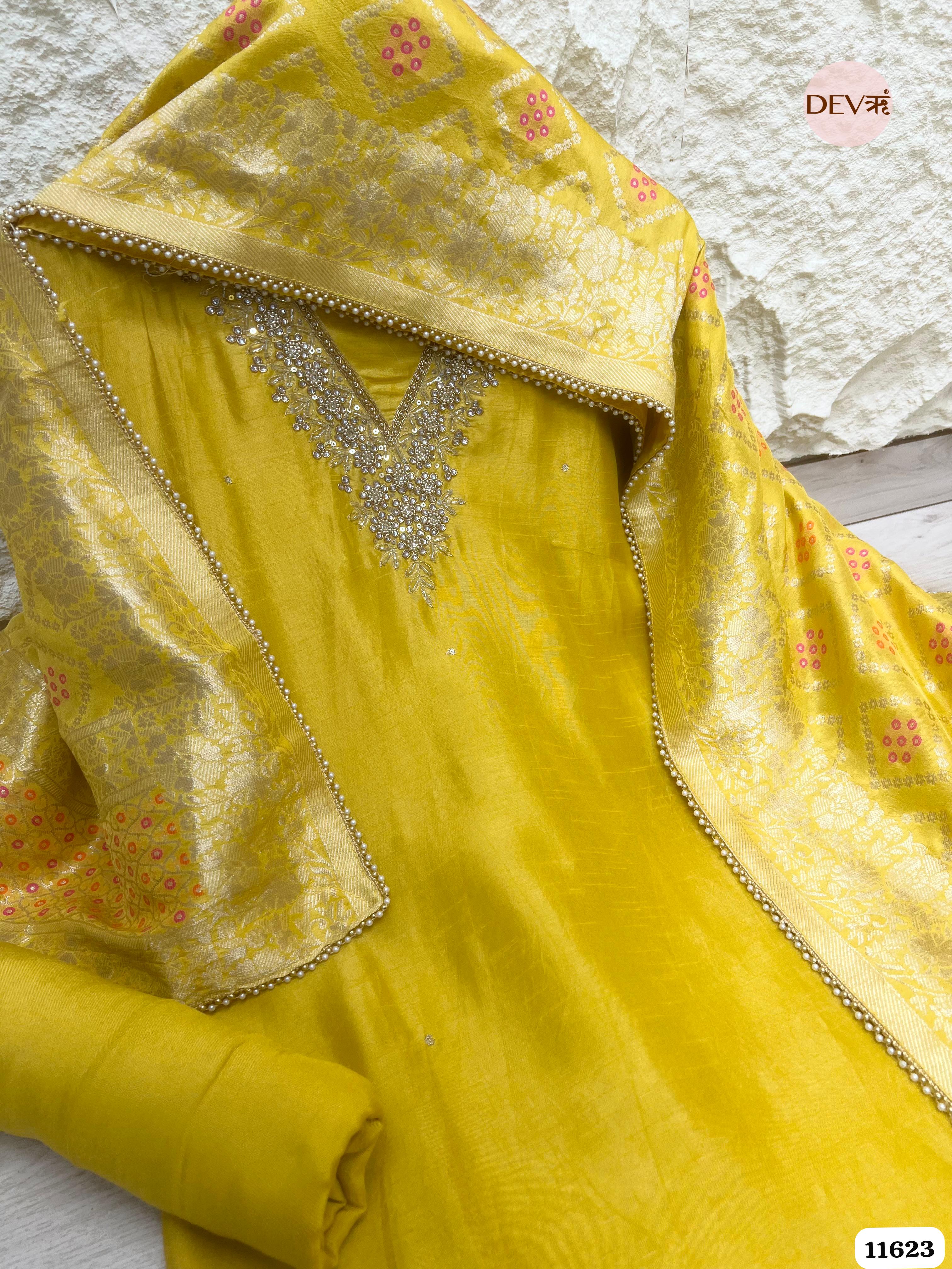 Yellow Pure Russian silk Unstitched Hand Embroidered -Set Of 3 {11623}